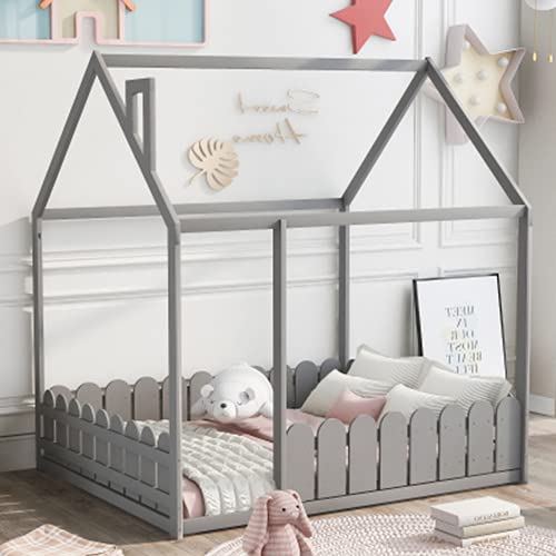P PURLOVE Full Size House Bed Frame - Twin Montessori Floor Bed for Kids & Teens, Playhouse Bed with Fence & Roof, Gray - Perfect for Bedrooms, Playrooms & Montessori Learning Spaces