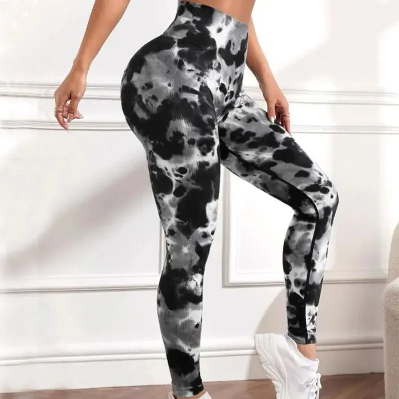 Black Seamless Yoga Pants for Women - High Waist Workout Leggings with Butt Lifting Design & Tie-Dye Pattern | Perfect for Gym, Running, Pilates & Lounge Wear