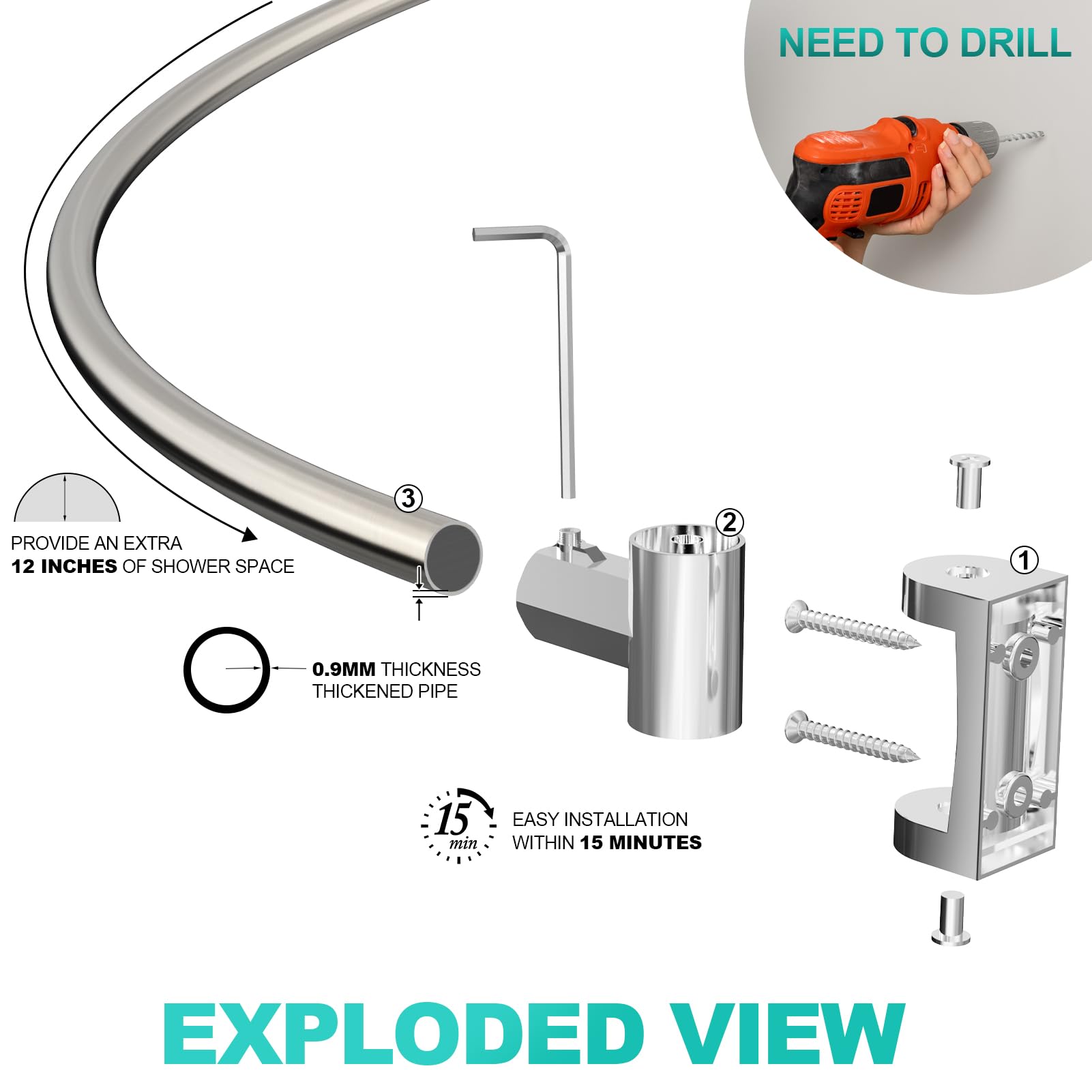 Adjustable Curved Shower Curtain Rod 38-72 Inches - Heavy Duty Metal Bathroom Shower Rod with Rotating Brackets for Spacious Showers (Drill Required, Nickel Finish) - Perfect for Modern Bathrooms & Walk-In Showers