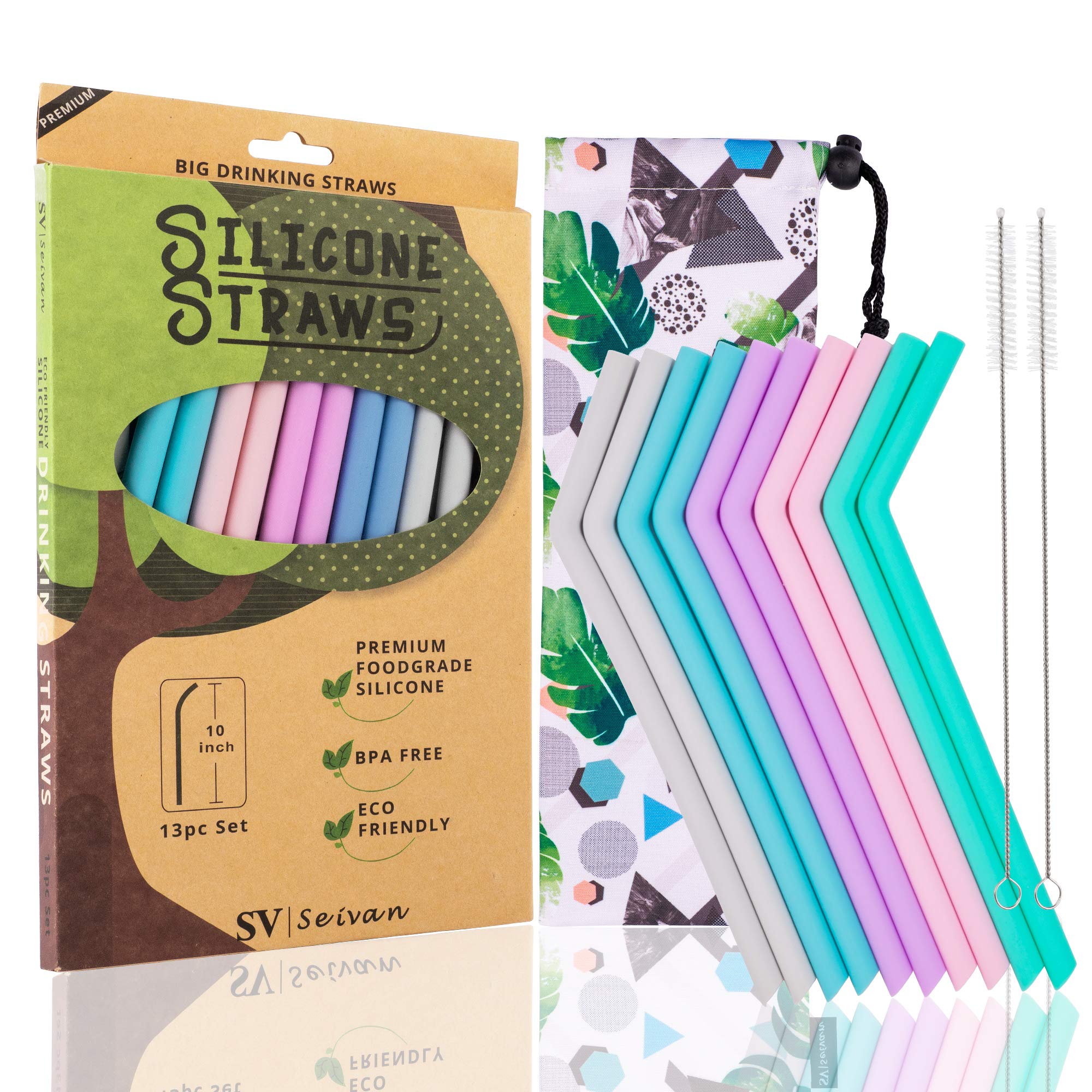 SEIVAN STRAWS 10-Pack Large Silicone Drinking Straws - Reusable Straws for Milkshakes, Smoothies, Boba Tea - Fits 20oz & 30oz Tumblers Like Yeti - Includes 1 Designer Pouch, 10 Straws & 2 Cleaning Brushes - Perfect for Home, Office, Travel & Outdoor Activities