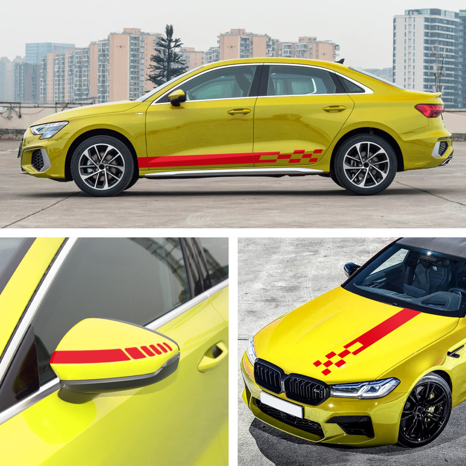 QianBao Vinyl Car Sticker Set - 5 Pieces Red Racing Sports Decals for Hood, Rear View Mirror & Body - Waterproof, Easy to Install & Remove - Perfect for Car Enthusiasts & Racing Events