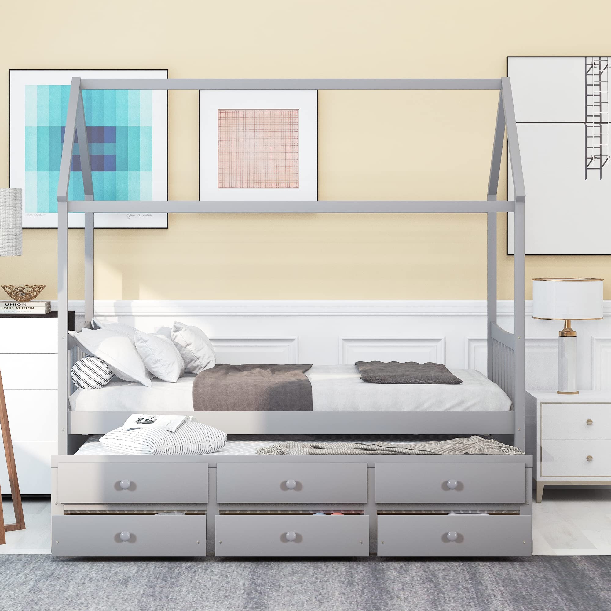 Solid Wood Twin Size House Bed with Roof, Trundle & 3 Storage Drawers - Kids Bedroom Furniture, Playroom or Nursery - No Box Spring Needed - Gray (THD) - Perfect for Small Spaces, Sleepovers & Playtime Adventures