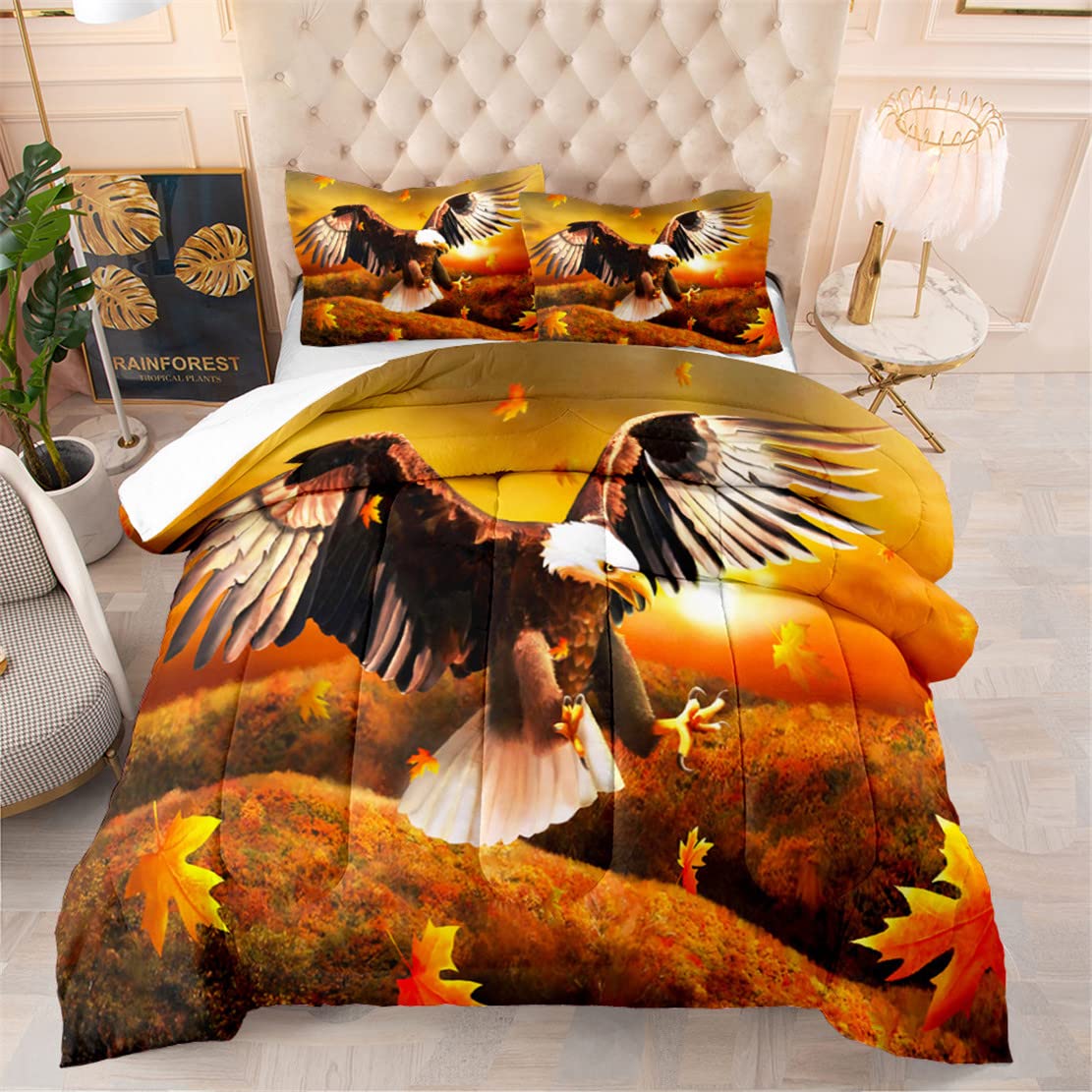 EDUMEYA Eagle King Size Bedding Set - Wild Animal Bird Comforter for Boys, Teens & Adults - Autumn Sunset Forest Design - Includes 1 Comforter & 2 Pillow Cases - Perfect for Bedroom Decor, Wildlife Theme Rooms & Cozy Fall Nights