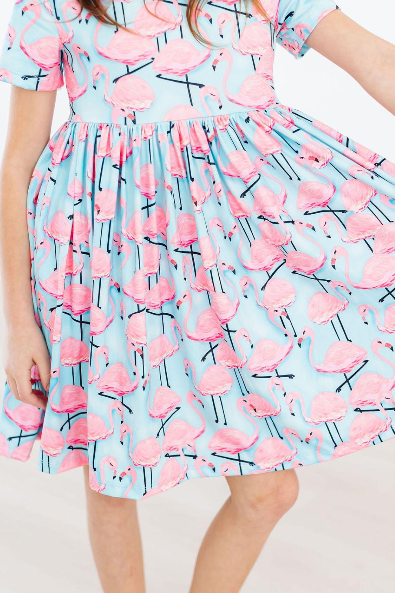 Stylish Pink Flamingo Short Sleeve Pocket Twirl Dress for Women - Perfect for Summer Parties, Beach Vacations & Casual Outings