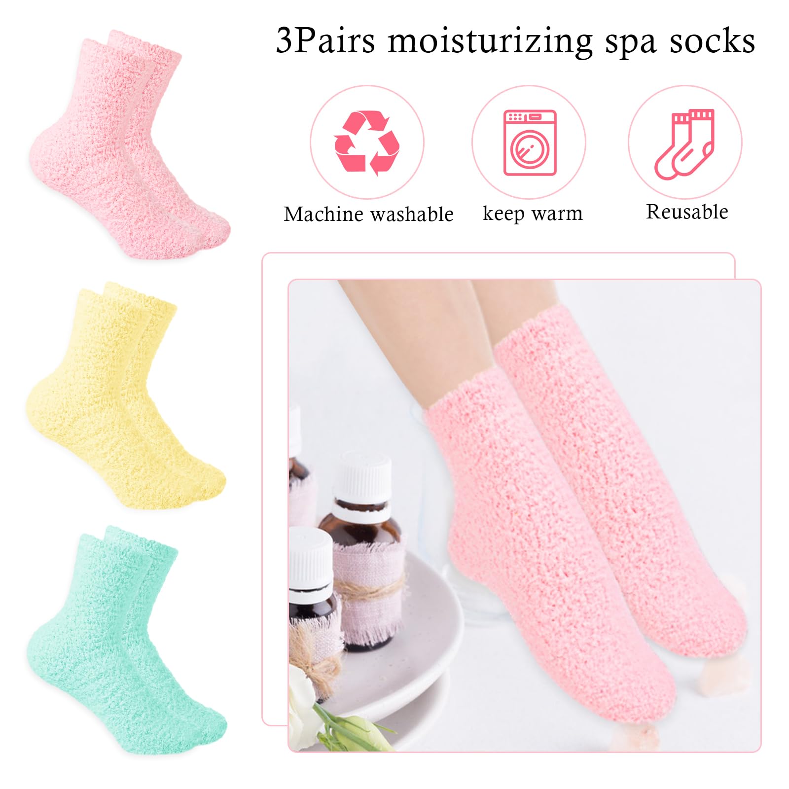 3 Pairs Aloe Vera Moisturizing Spa Socks for Women - Soft Fuzzy Sleeping Socks with Non-Slip Coral Fleece for Dry Feet & Cracked Heels Repair | Overnight Foot Care, Pedicure Treatment & Relaxing At-Home Spa