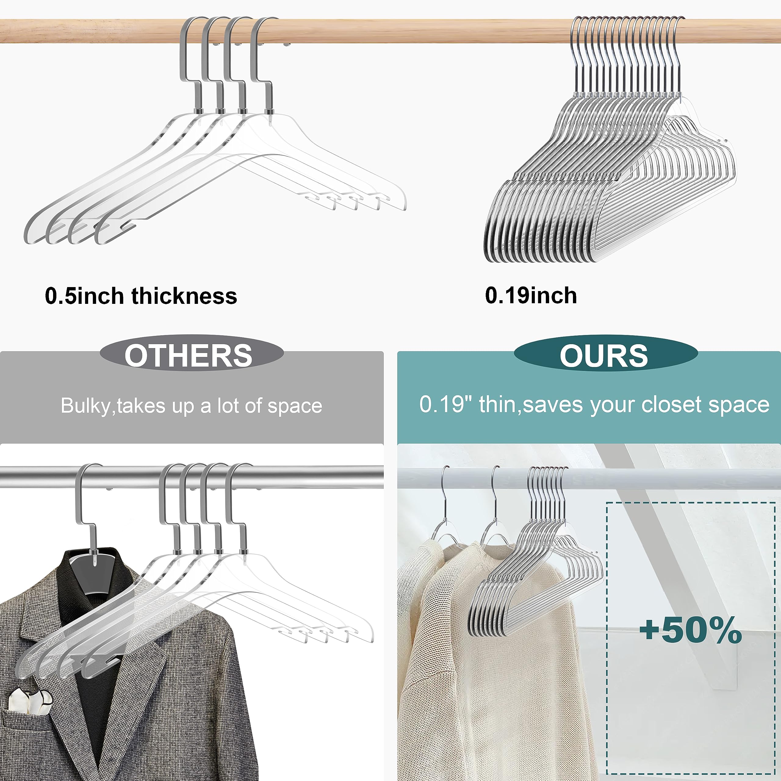 Premium Clear Plastic Hangers for Clothes - 50 Pack Heavy Duty Space Saving Acrylic Hangers with 360° Swivel Hook & Notches (17.5 Inch) - Perfect for Closet Organization, Retail Stores & Travel Packing
