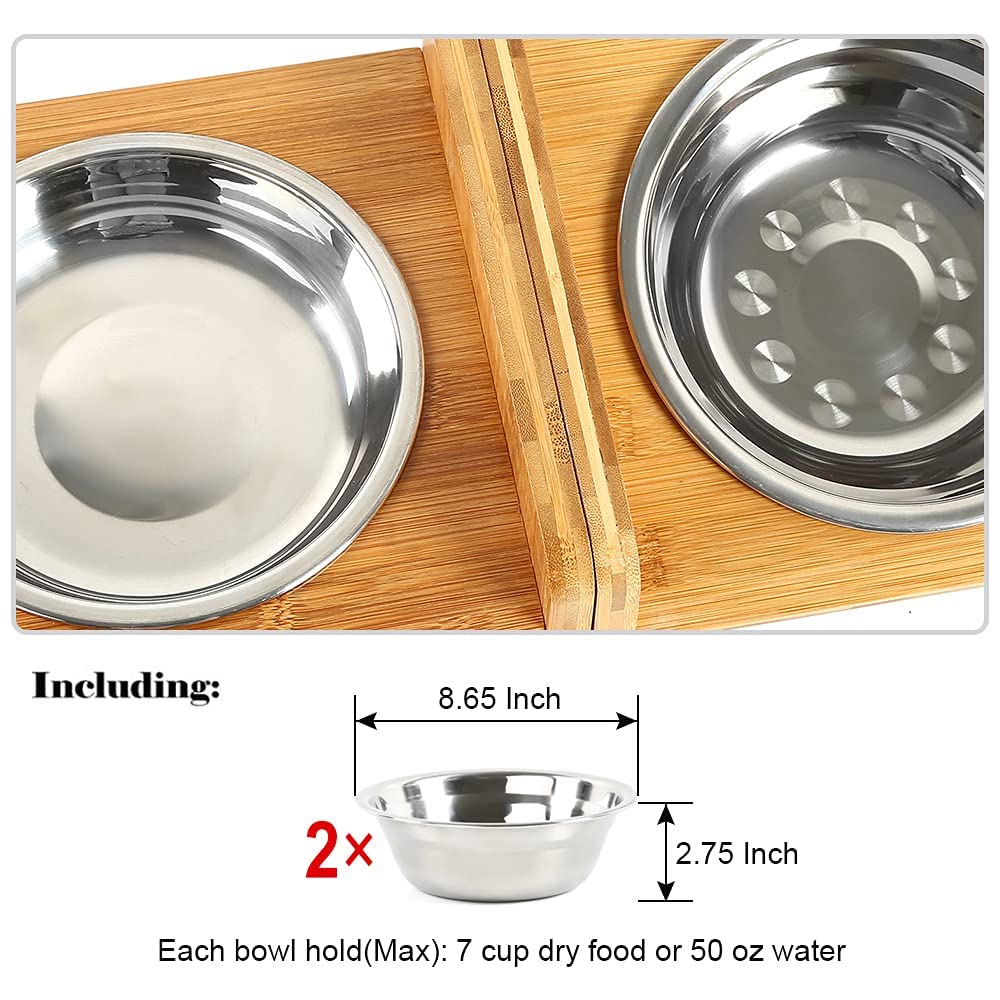 FOREYY Set of 2 Elevated Pet Bowls for Cats and Dogs - Bamboo Stand with Tilted Ceramic Food & Water Bowls, Anti-Slip Feet for Comfortable Feeding (Large) - Perfect for Small to Medium Pets at Home or Travel