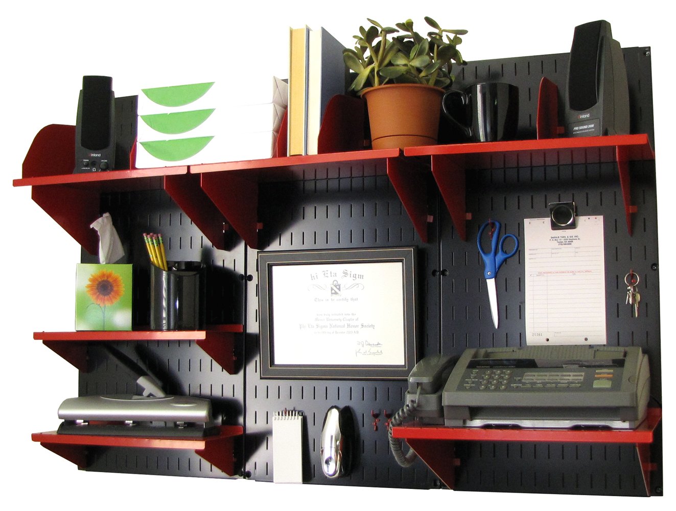 Wall Control Office Organizer - Wall Mounted Desk Storage Kit with Black Slotted Wallboards & Red Accessories | Perfect for Home Office Organization & Workspace Efficiency