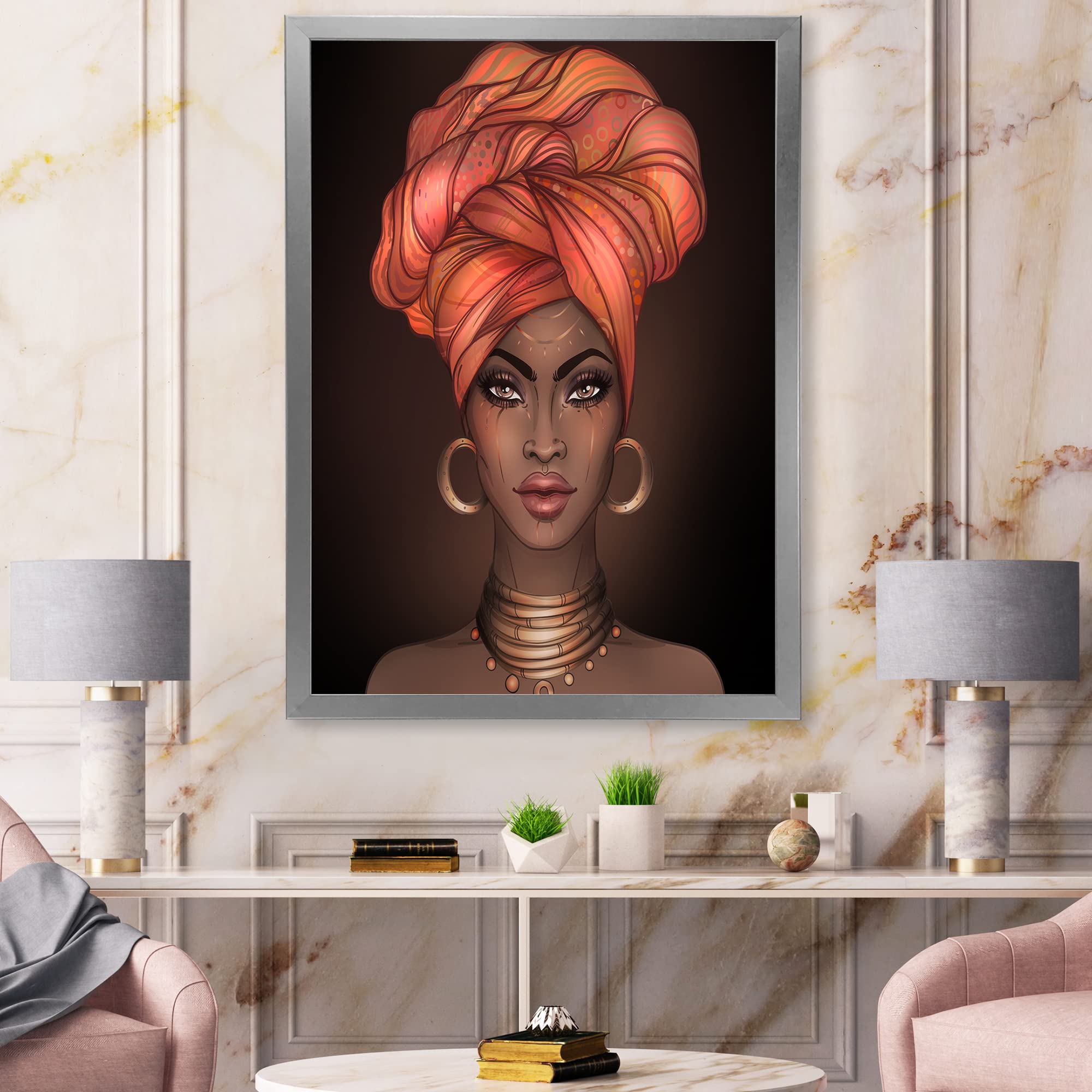 DesignQ African American Woman with Turban Modern Framed Wall Art - Elegant Home Decor for Living Room, Bedroom & Office