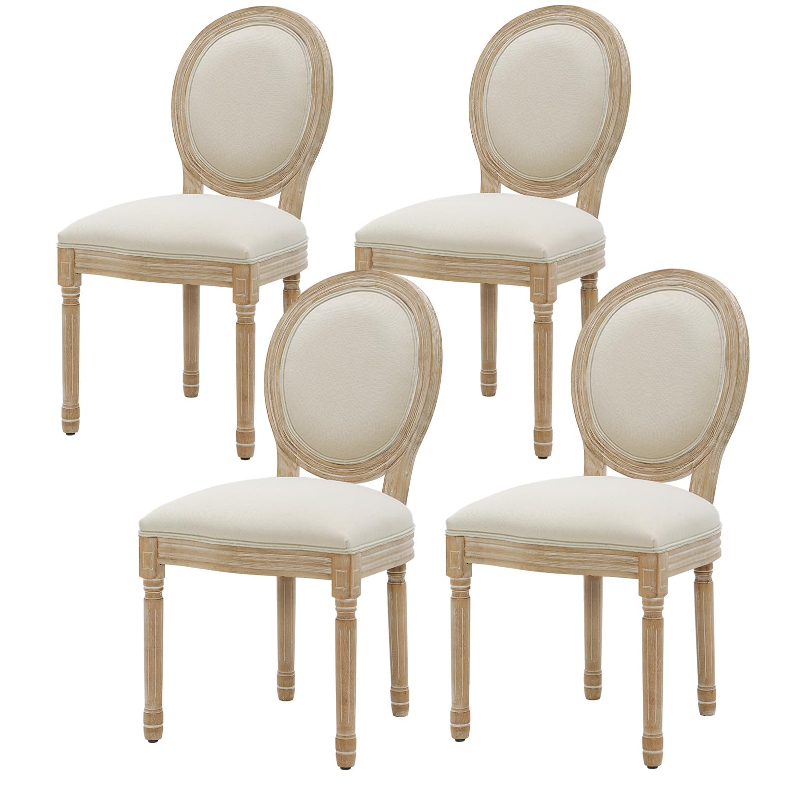 Furnimart French Country Vintage Dining Chairs Set of 4 - Farmhouse Style Round Back Solid Wood Legs Kitchen Dining Room Living Room Side Chairs (Beige) | Perfect for Rustic Home Decor, Cottage Dining Sets & Cozy Breakfast Nooks