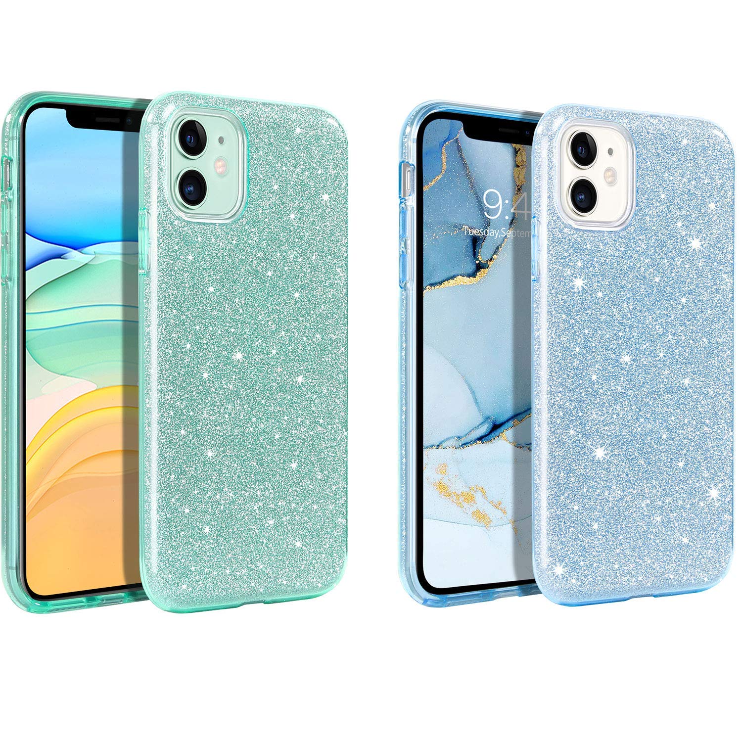 2 Pack Glitter Bling Cute Hybrid Shockproof Phone Case for iPhone 11 (6.1-inch 2019) - Green & Blue with Finger Ring Holder & Kickstand | Trendy Protective Cover for Women & Girls | Perfect for Daily Use, Travel & Selfies