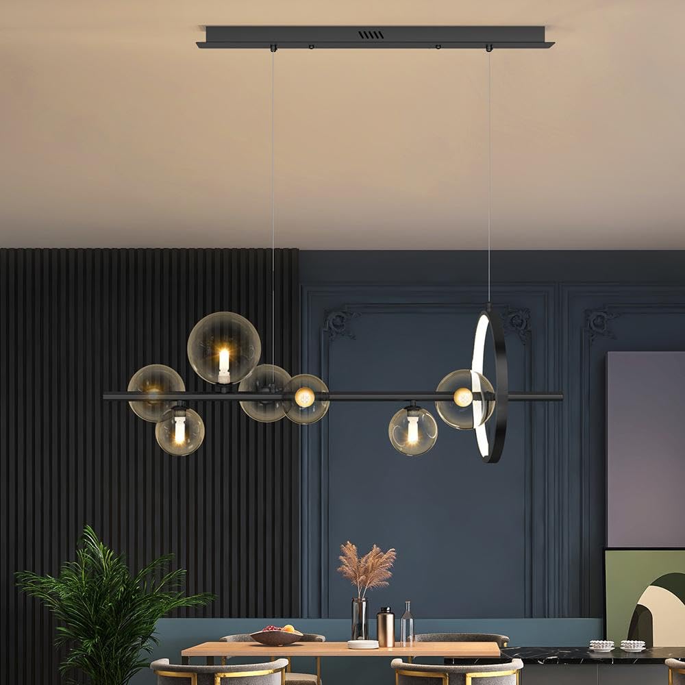 Industrial Black Linear Pendant Light Fixture - 7-Light Kitchen Island Lighting, Dining Room Ceiling Light for Table - Modern Farmhouse & Industrial Style Hanging Lights for Kitchen, Living Room, Restaurant, Bar (Black)