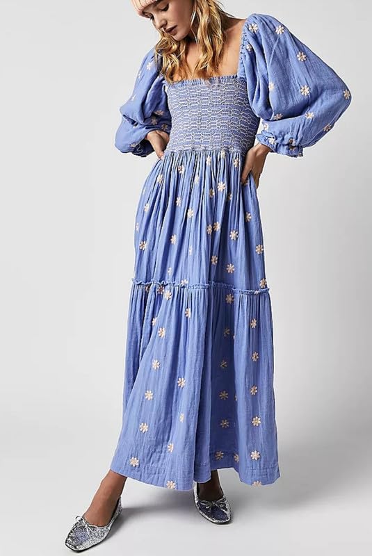 Women's Floral Embroidered Puff Sleeve Maxi Dress - Square Neck High Waist A-Line Long Dress with Tiered Flowy Skirt | Perfect for Summer Weddings, Beach Vacations & Boho Fashion