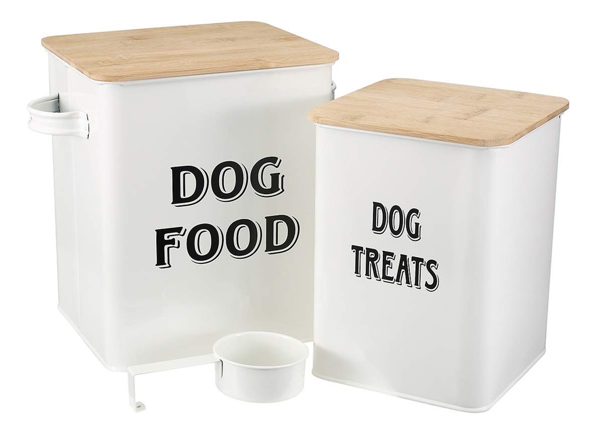 Premium Dog Food Storage Containers with Scoop - Airtight Wood Lid, Coated Carbon Steel Canister for Freshness - Ideal for Dry Kibble, Treats & Bulk Pet Food Storage - White (Set of 2) - Perfect for Kitchen Pantry, Pet Feeding Station & Travel