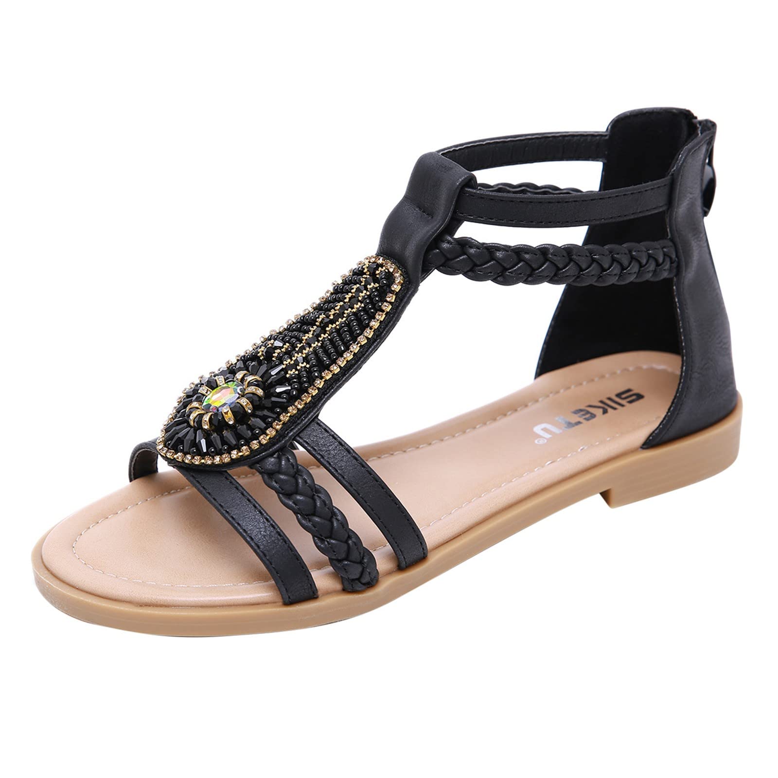Women's Bohemian Beaded Rhinestone Sandals - Vintage Roman Flats with Zip-Up Closure for Summer Beach & Casual Wear - Perfect for Vacations, Weddings, and Outdoor Events