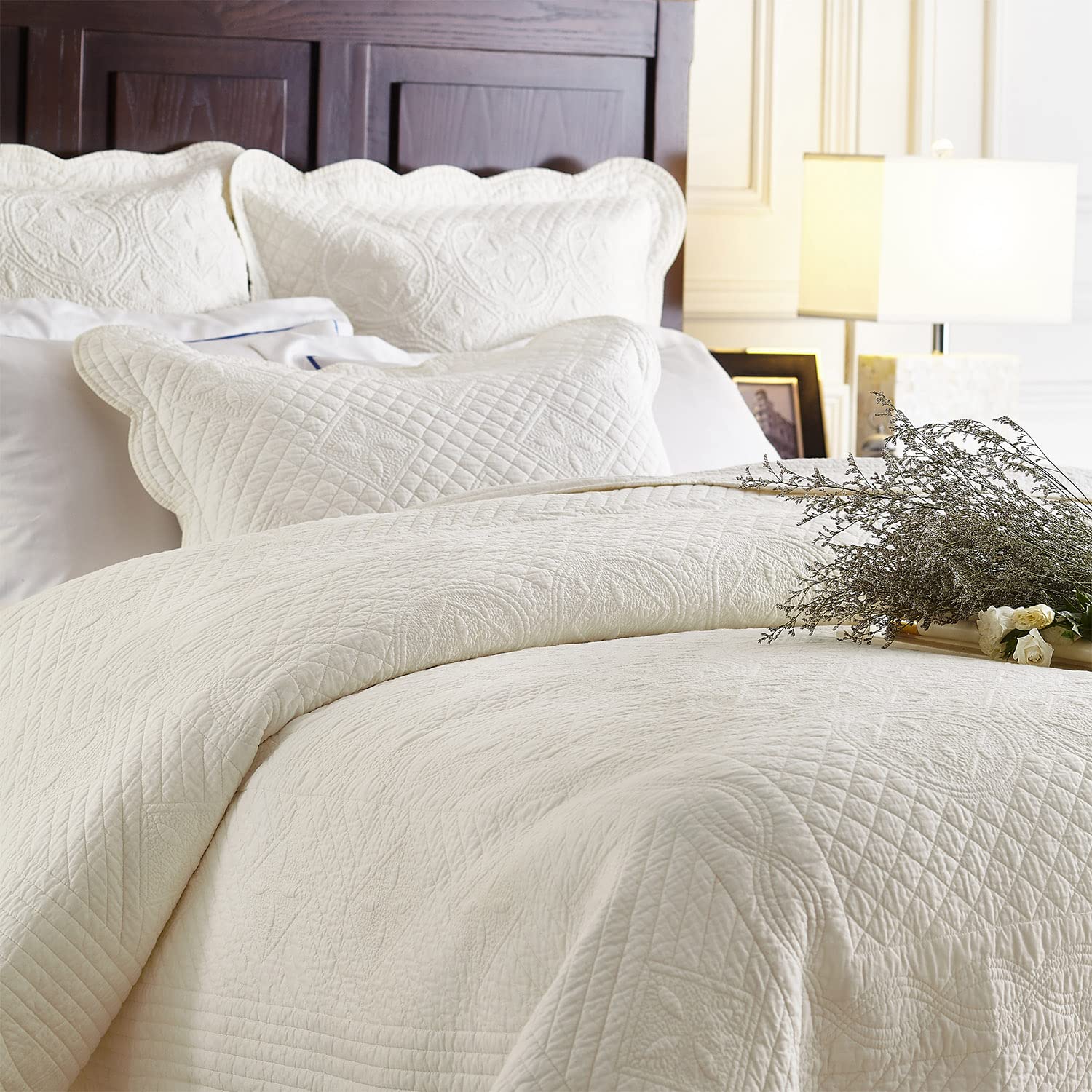 Luxury Calla Angel Sage Garden Pure Cotton Matelasse Quilt King Size Ivory - Elegant Bedding for Master Bedroom, Guest Room & Hotel Decor