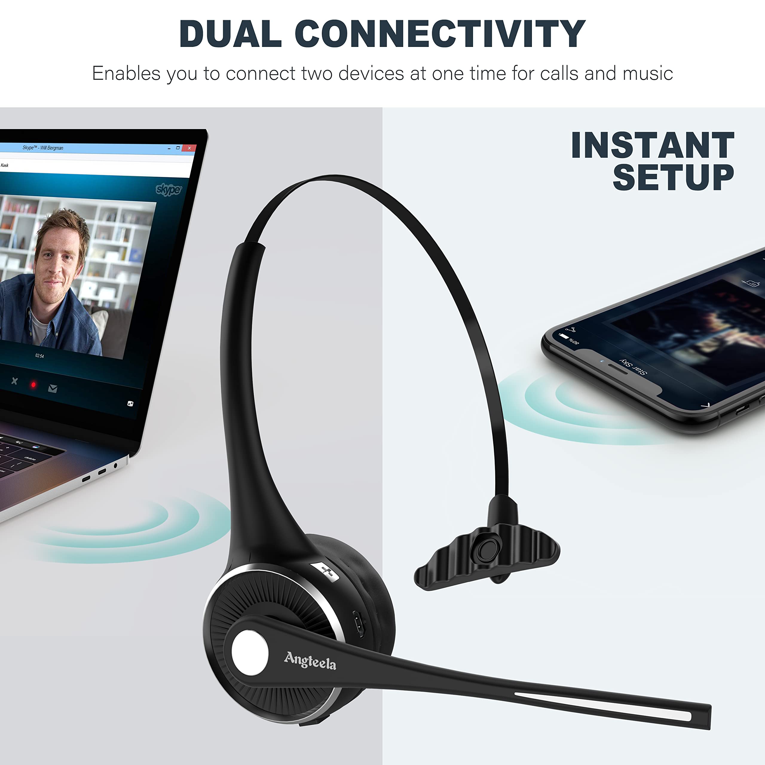 Angteela Wireless Bluetooth Headset with Noise Canceling Mic - Trucker Headphones for Home Office, Call Center & Skype Calls | Includes Charging Base & Mute Function | Perfect for Remote Work, Online Meetings & Customer Service