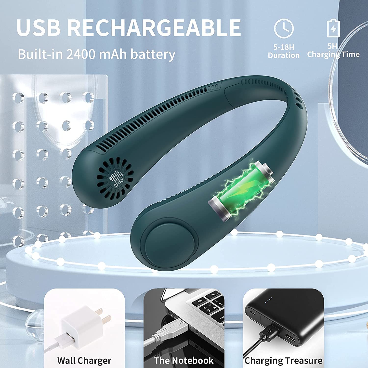 Firstone 360° Bladeless Neck Fan - Rechargeable USB Wearable Cooling Fan with Headphone Design, 3 Speed Adjustable for Home, Office, Travel & Outdoor Activities - Hands Free Personal Fan (Dark Green) - Perfect for Summer, Gym, Hiking, and Hot Weather Use