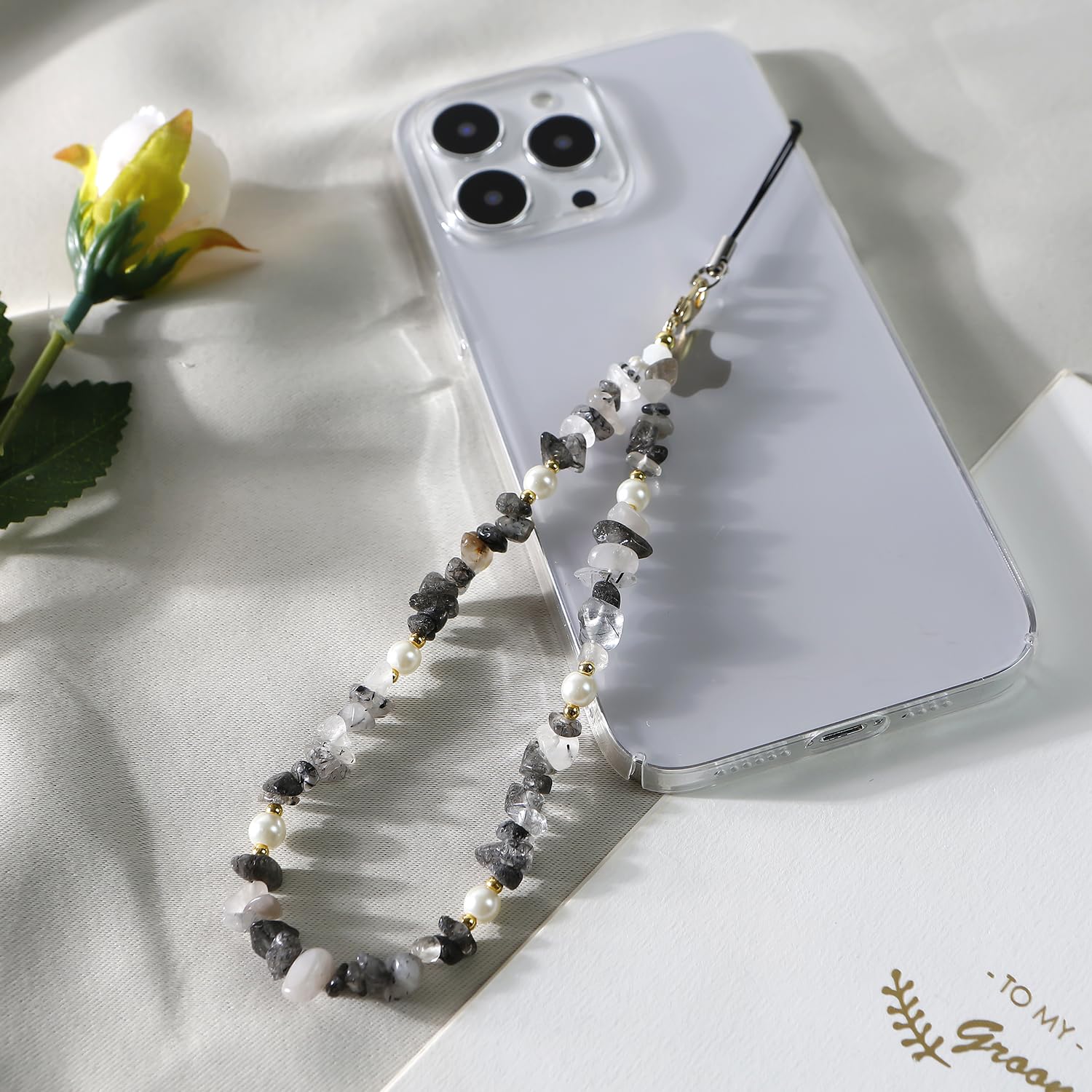 Natural Gemstone Beaded Phone Wrist Strap & Lanyard - Elegant Cell Phone Charm for Women & Girls (Black) | Perfect for Phone Security & Fashion Accessory at Work, Travel or Daily Use