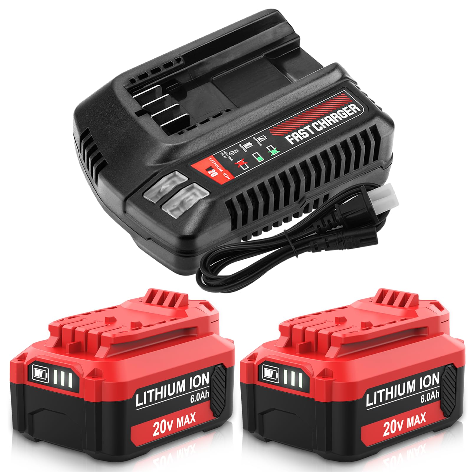 Munikind 2-Pack 20V Replacement Battery & Charger for Craftsman CMCB202/CMCB202-2/CMCB201/CMCB204/CMCB204-2 - Compatible with Craftsman 20V Cordless Power Tools (Red) - Perfect for Drills, Saws & Outdoor Power Tools