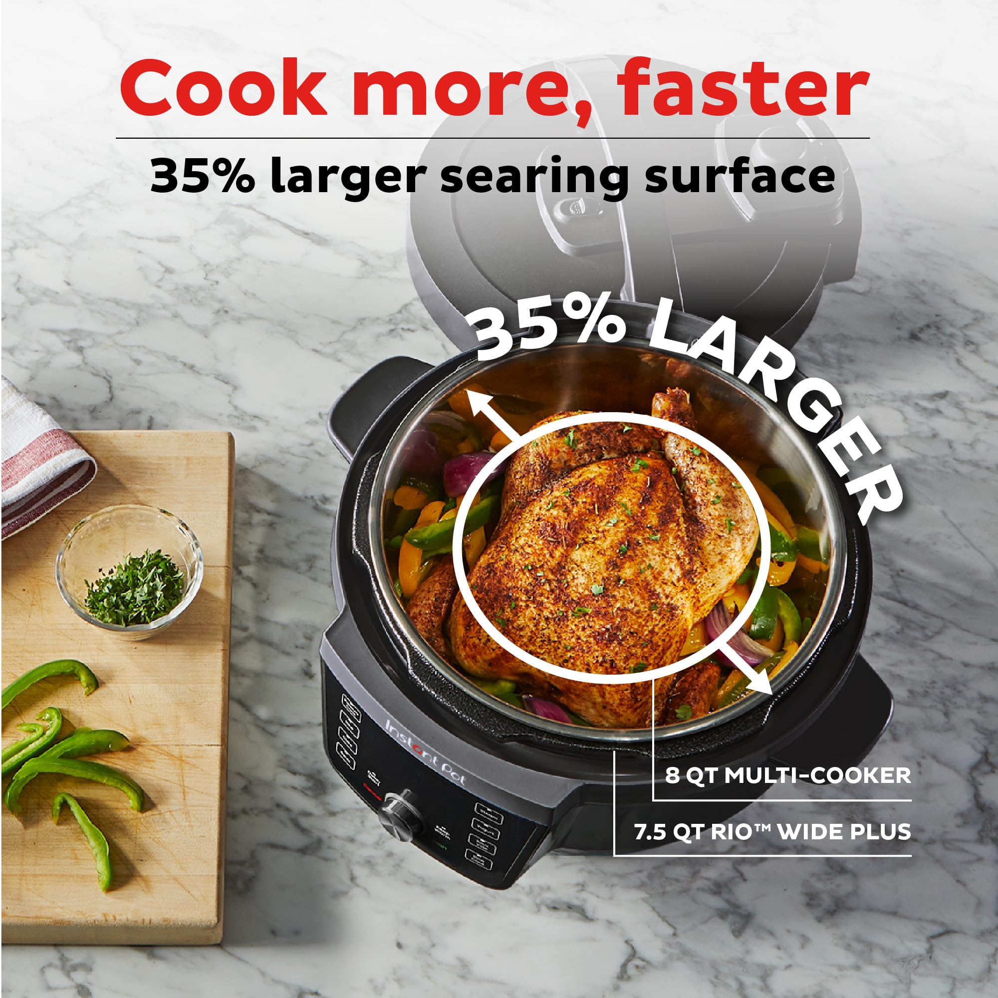 Instant Pot RIO Wide Plus 7.5 Quart 9-in-1 Electric Multi-Cooker - 35% Larger Cooking Surface, WhisperQuiet Steam Release, Pressure Slow Cooker, Rice Cooker, Steamer, Sauté Pan, Cake Maker & Food Warmer - Perfect for Family Dinners, Meal Prep & Large Gatherings