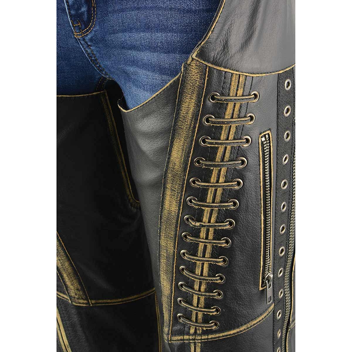 Premium Milwaukee Leather Chaps for Women - Black Motorcycle Riding Pants with Skin Rubbed Seams & Lace Detailing (MLL6527) - Perfect for Harley Davidson & Cruiser Bike Riders