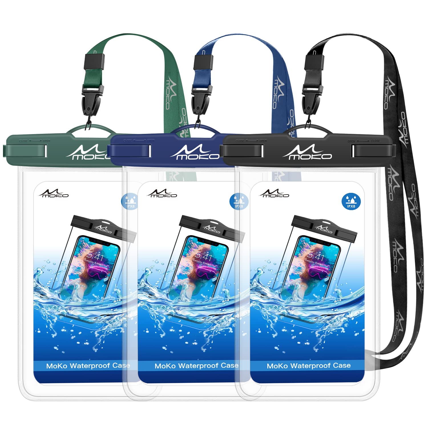 MoKo Waterproof Phone Pouch [3 Pack] - IPX8 Certified Underwater Clear Dry Bag with Lanyard for iPhone 13 Mini/12/11 Pro Max/X/Xr/Xs/SE 3/2 & Samsung S21/S9/Note 10 - Indigo, Army Green, Black - Perfect for Swimming, Beach, Kayaking & Outdoor Activities