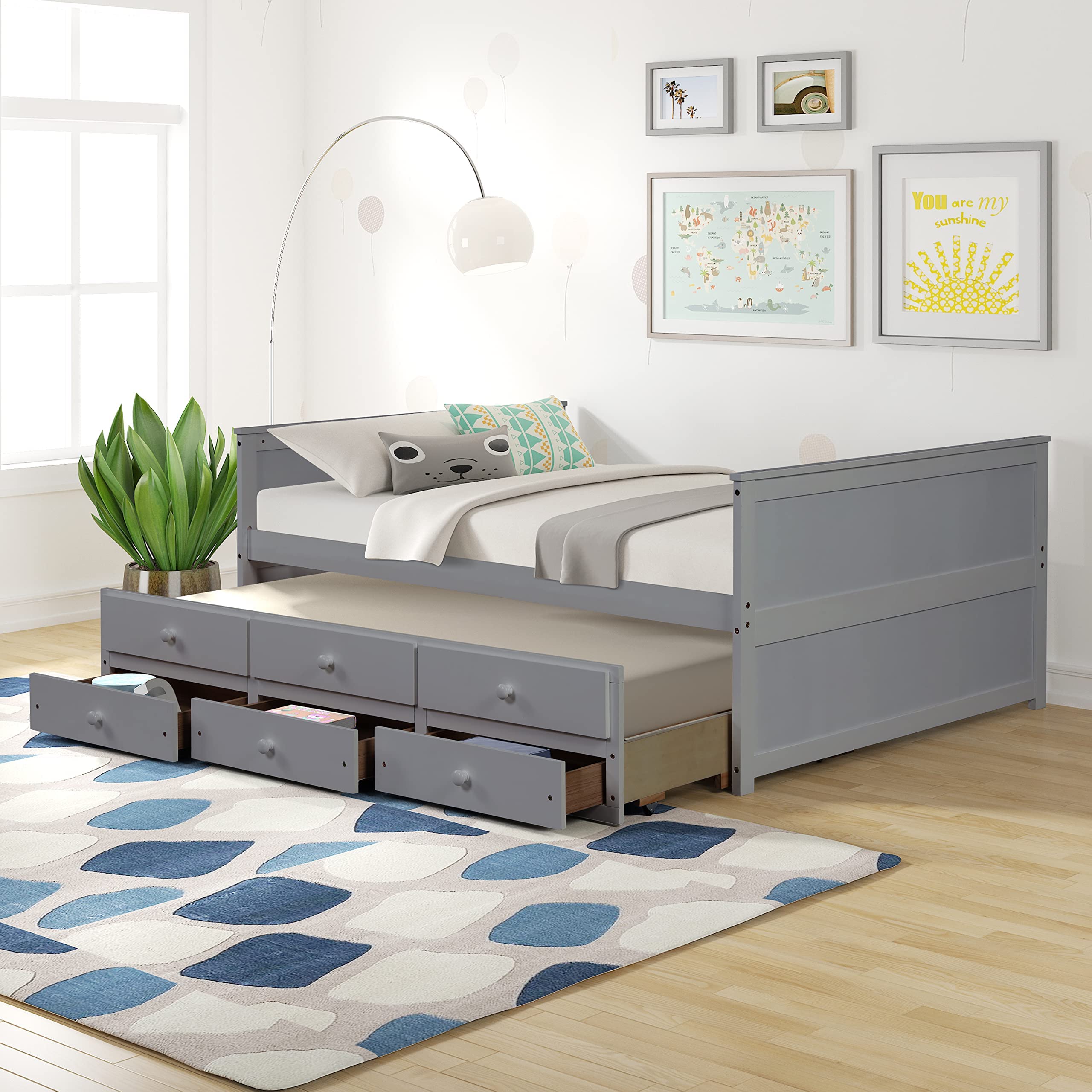**LZ LEISURE ZONE Full Size Captain’s Bed – Solid Wood Daybed with Twin Trundle & 3 Storage Drawers (Grey) – Perfect for Guest Rooms, Dorms & Small Spaces**