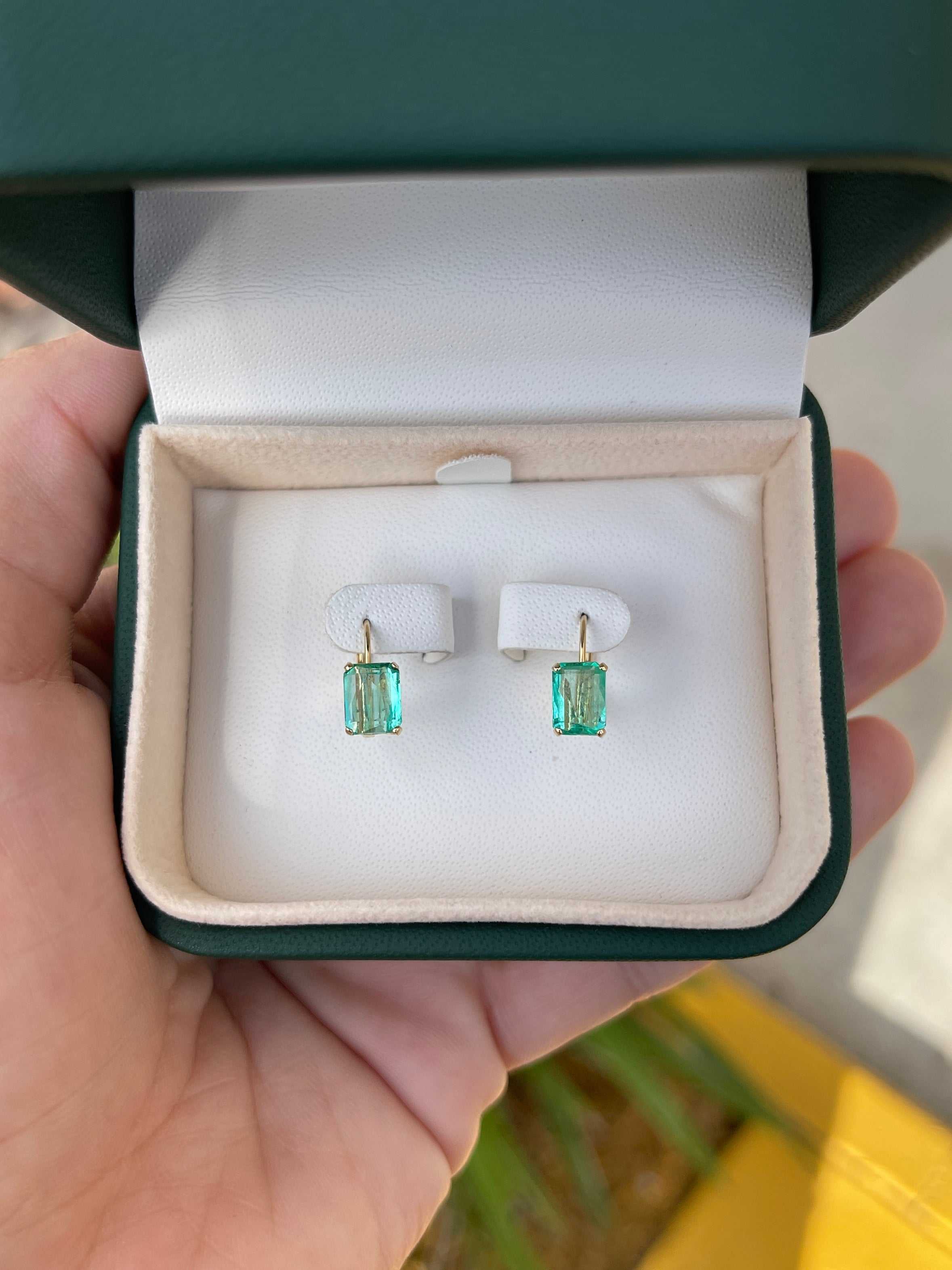 2.41tcw Genuine Colombian Emerald Cut Leverback Earrings in 14K Gold - Elegant Jewelry for Weddings, Parties & Special Occasions