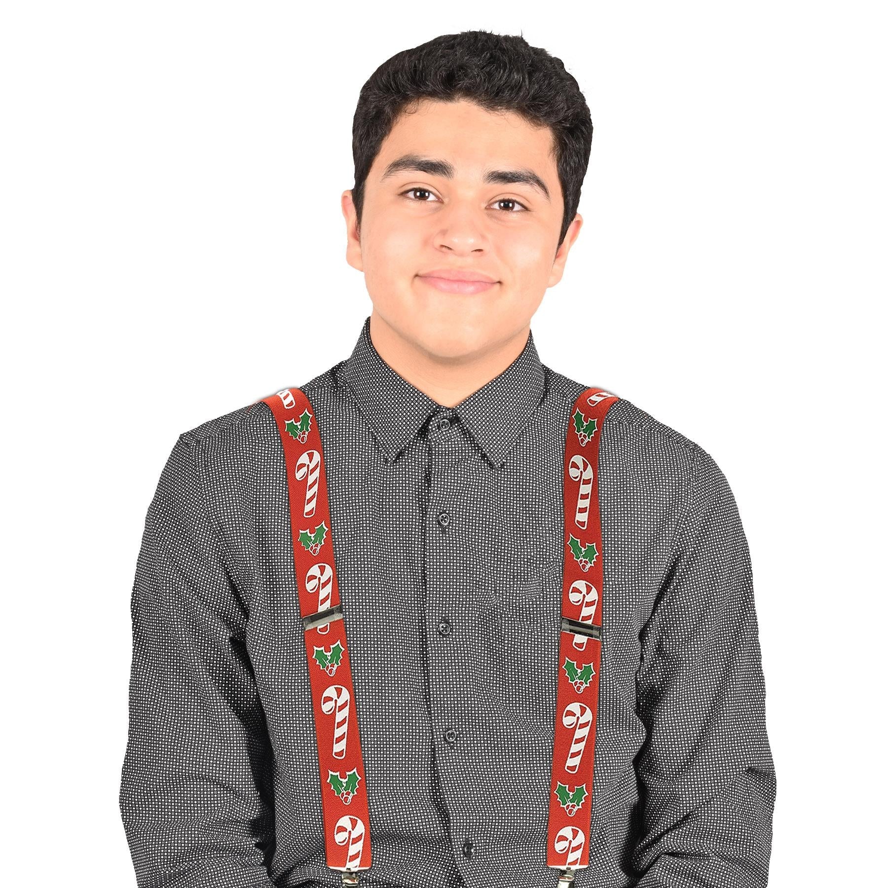 12 Pack Beistle Christmas Candy Cane & Holly Suspenders - Festive Holiday Party Accessories for Christmas Costumes, Office Parties & Family Gatherings