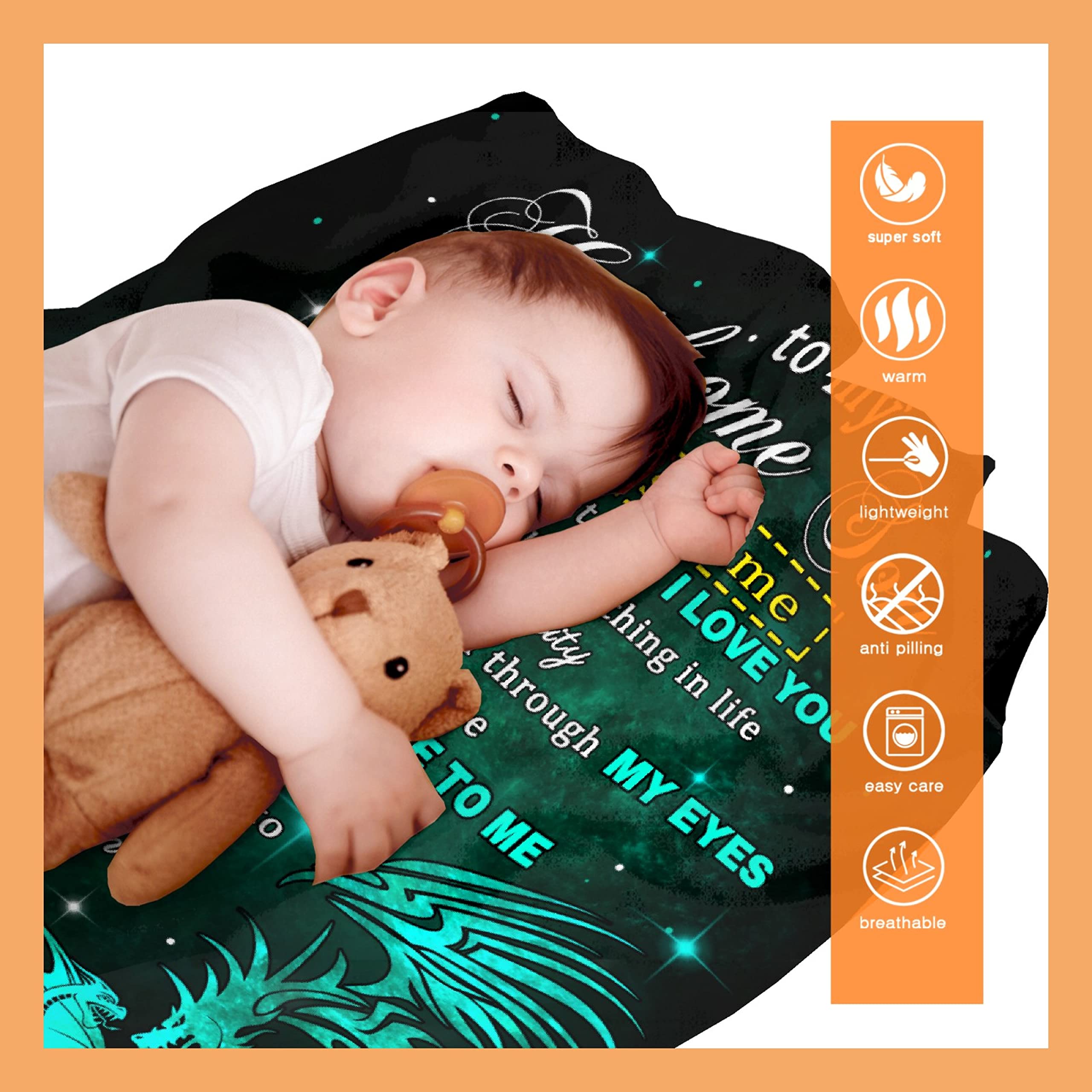 Personalized Dragon Blanket for Son - Custom Name Gift from Mom & Dad | 90x120 Inch Lightweight Flannel Throw Blanket for Boys & Men | Super Soft Comfy Blanket for Birthday, Christmas, Couch, Sofa Decor | Perfect for Snuggling, Gifting & Home Decoration