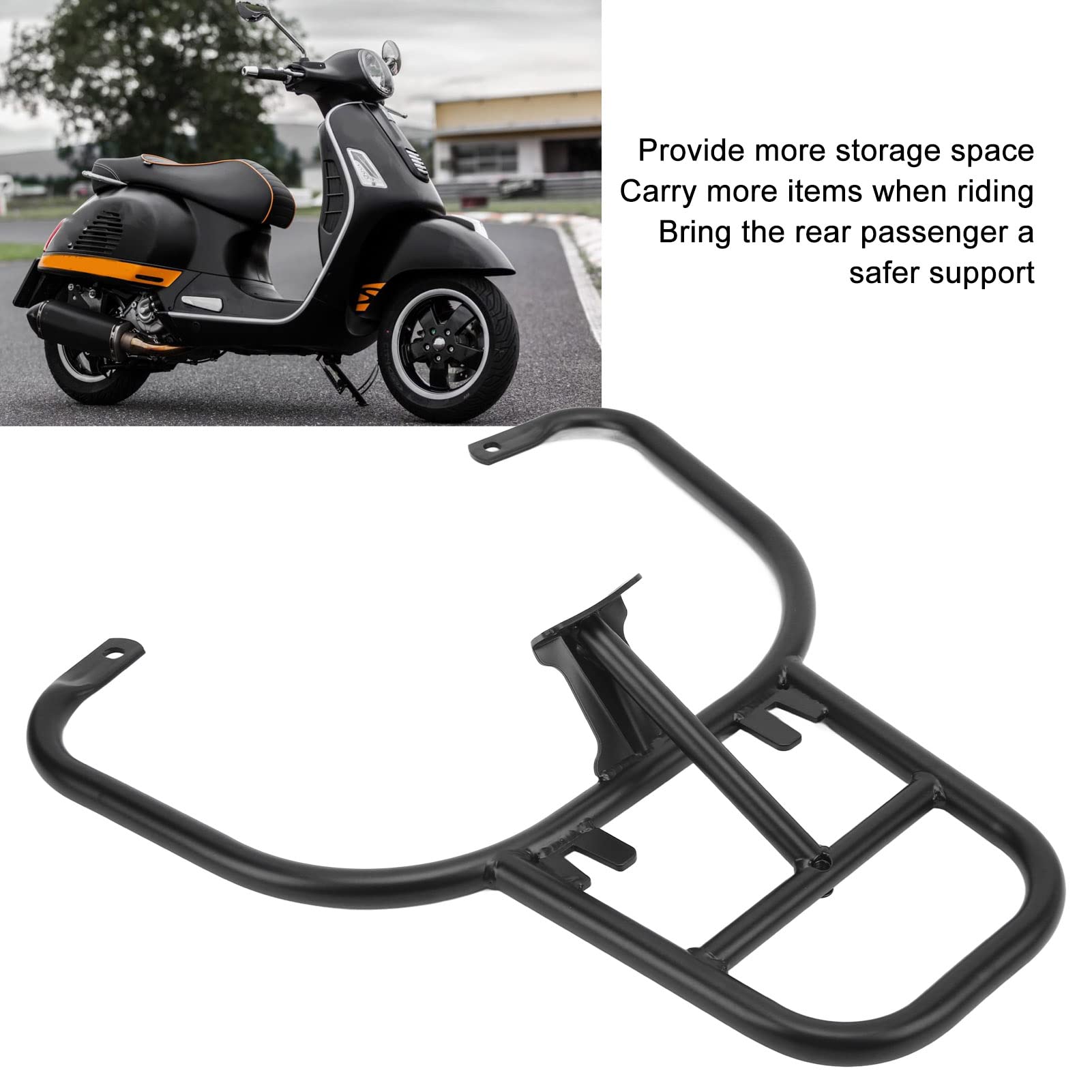 Ymiko Motorcycle Luggage Rack - Black Rear Carrier Top Case Support & Handrail for Vespa GTS 300 | Durable Replacement Part for Scooter Storage | Perfect for Commuting, Touring & Grocery Hauling