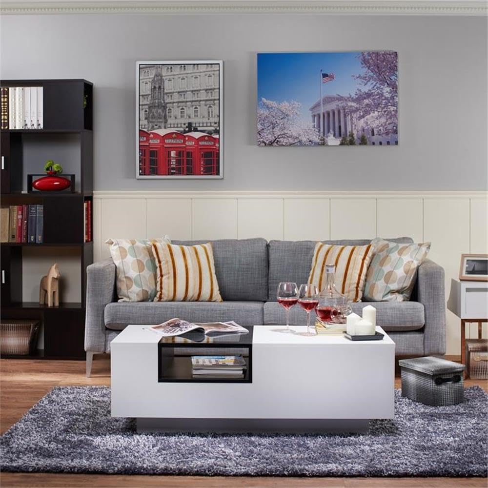 Modern Rectangle Coffee Table with Storage - White & Black Wooden Furniture for Living Room & Office - Matte Finish with Glass Window Shelf & 2 Open Shelves - Perfect for Small Spaces, Home Decor & Entertaining Guests