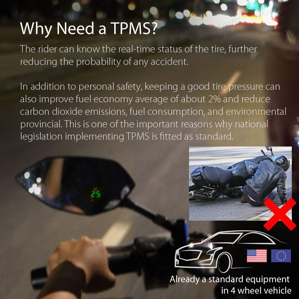 KiWAV Motorcycle TPMS Internal Sensor with Rearview Mirror - Real-Time Tire Pressure Monitoring System for M10/M8 Valve - Perfect for Long Rides & Off-Road Adventures