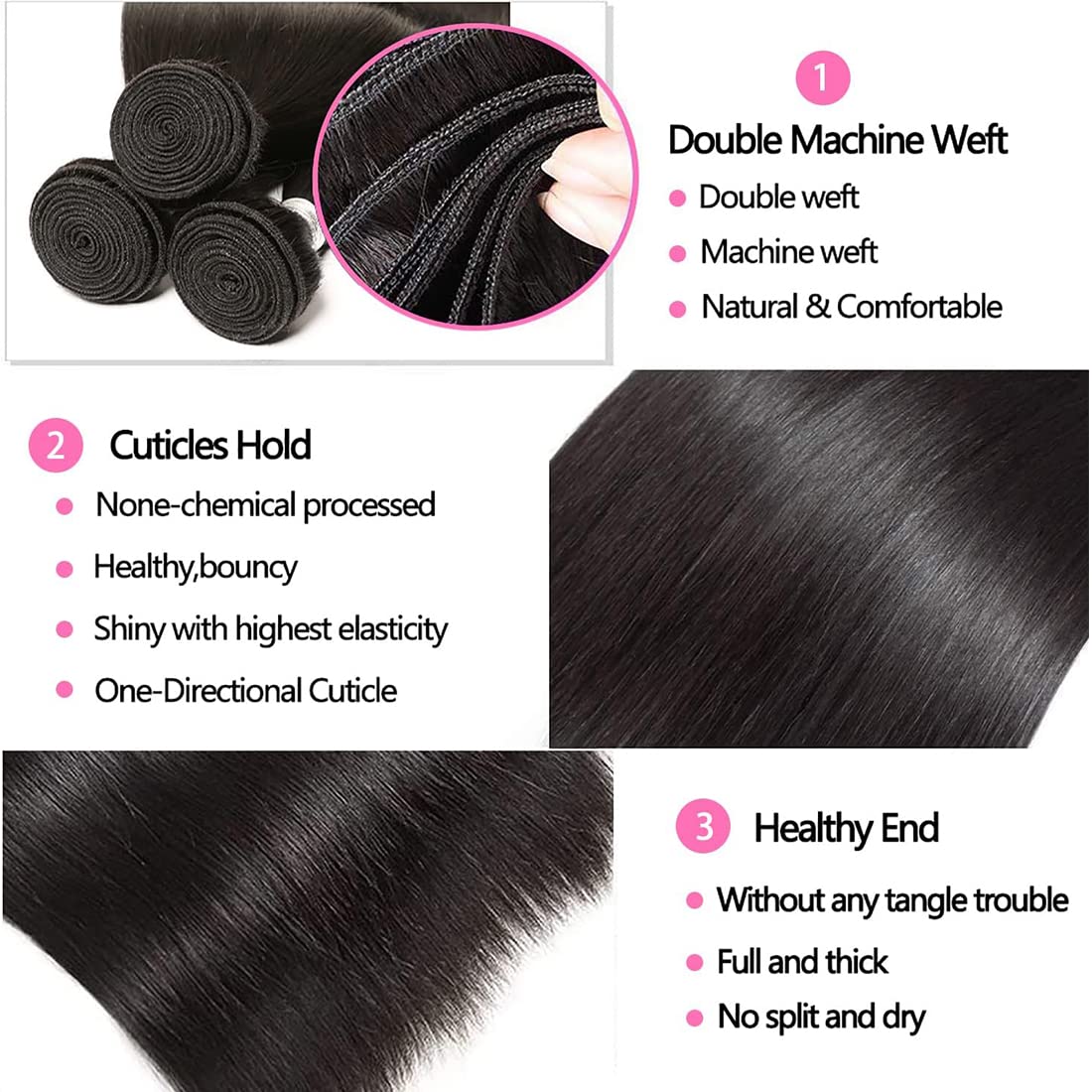 Virgin Brazilian Straight Hair Extensions 3 Bundles - Unprocessed 100% Human Hair Natural Black (14 16 18 Inch) for Smooth Blending & Everyday Styling | Perfect for Weaves, Ponytails & Volume Boosting