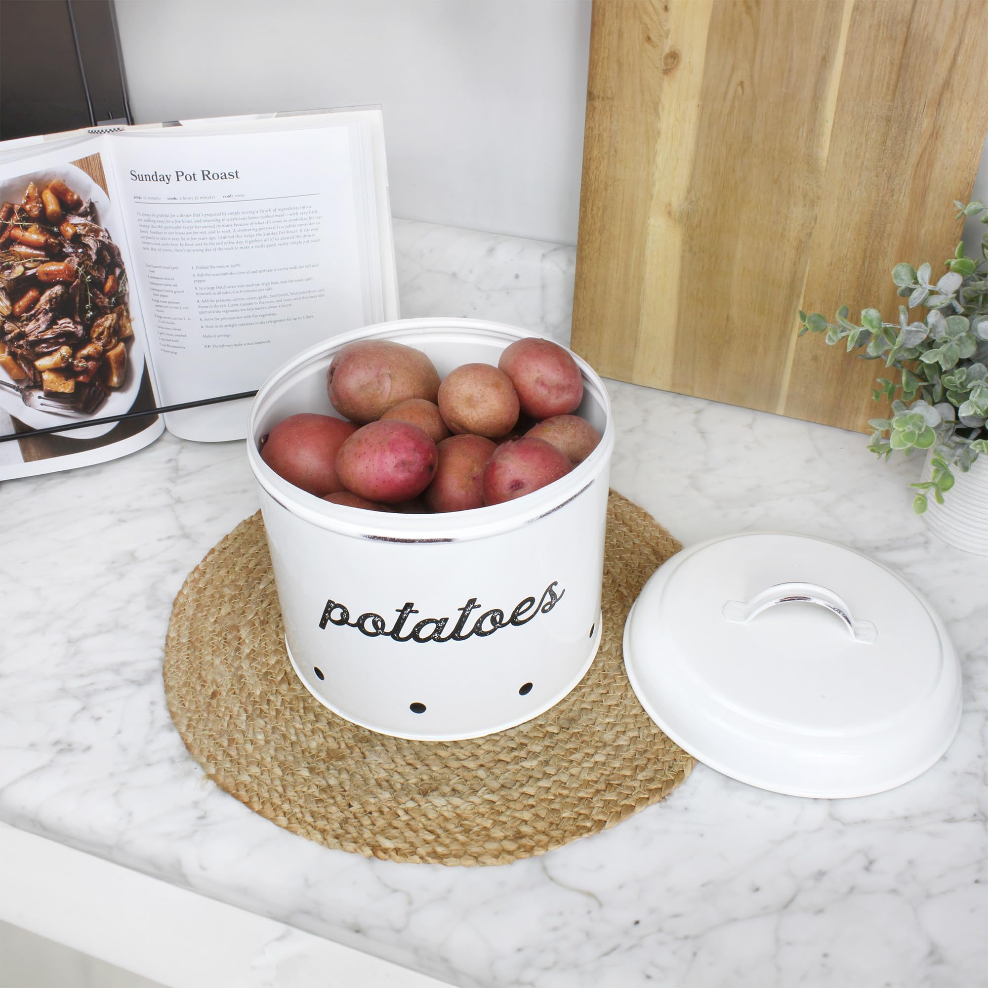 AuldHome Rustic White Enamelware Canister Set - 3-Piece Potato, Onion & Garlic Storage Containers for Kitchen Pantry Organization | Farmhouse Style Vegetable Bins for Countertop or Cabinet Storage