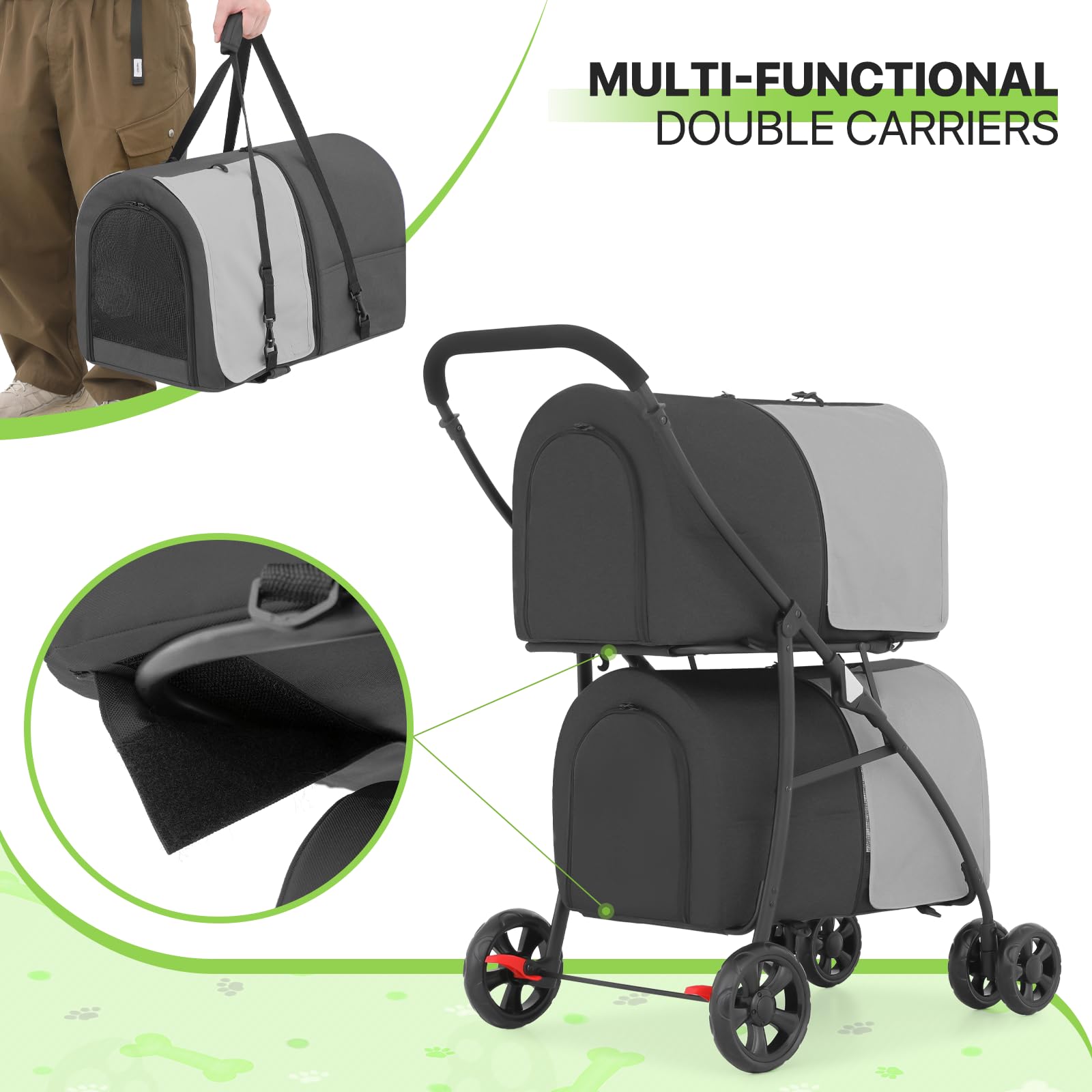 **Magshion Double Dog Stroller with 2 Detachable Carrier Bags - 4-Wheel Folding Pet Travel Cart for Small & Medium Dogs & Cats - Includes Storage Pocket - Black/Gray - Perfect for Park Walks, Vet Visits & Shopping Trips**