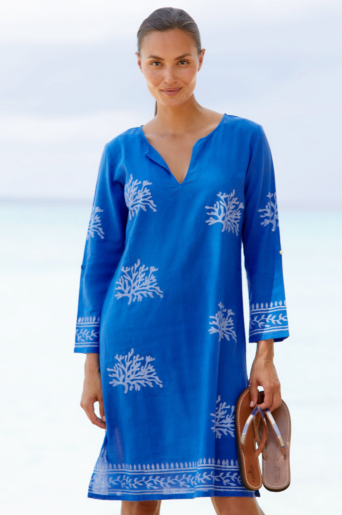 Guadalupe Short Sleeve Organic Cotton Tunic Top - Cobalt Blue & White Striped | Casual Summer Wear, Beach Cover-Up, Boho Chic Outfit