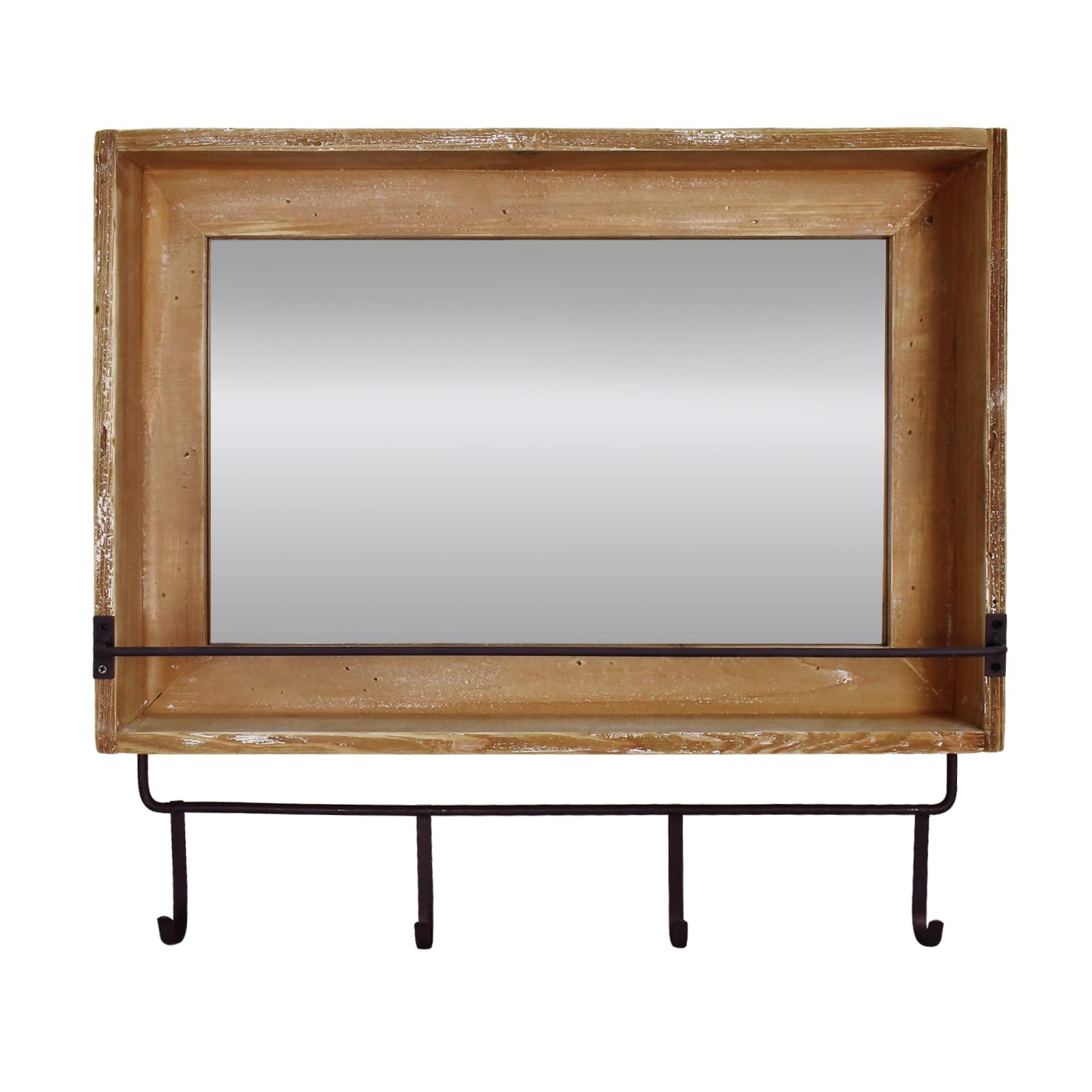 Rustic Wooden Wall Mirror with Hooks Shelf - Farmhouse Decorative Hanging Mirror for Bathroom, Entryway, Bedroom & Living Room - Perfect for Home Decor and Functional Storage