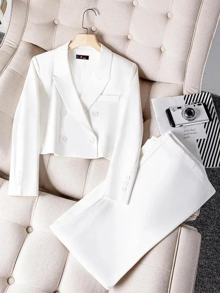 Women's Double Breasted Crop Blazer Pant Suit - Elegant Office Wear & Business Formal Attire for Professional Women