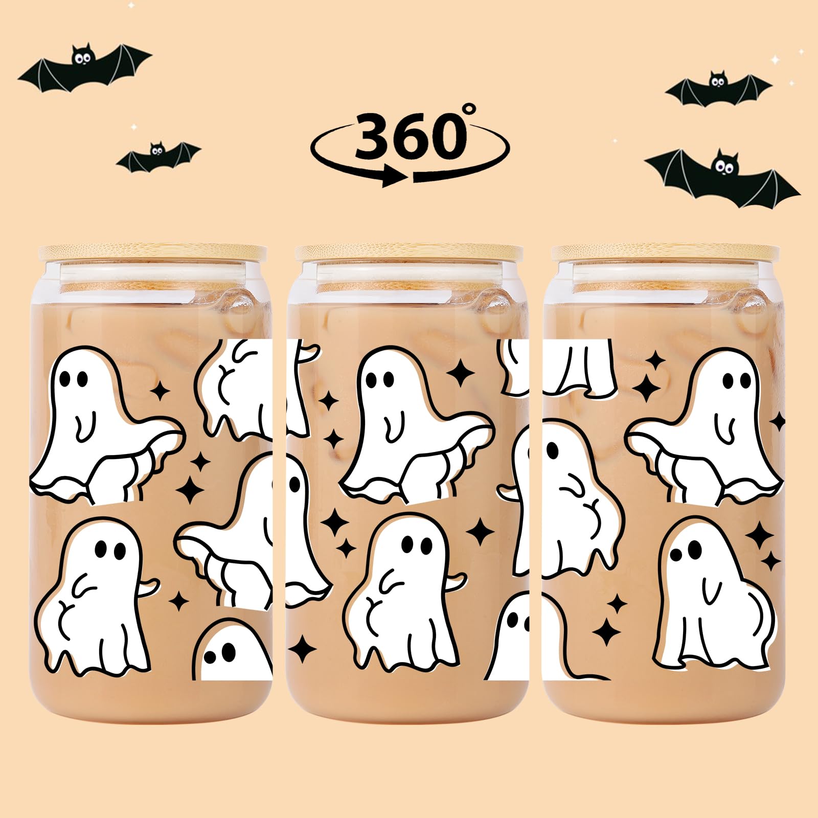 Spooky Halloween Ghost Glass Tumbler - 16oz Insulated Cute Halloween Cup with Lid & Straw - Iced Coffee Mug for Women, Men, Teens - Perfect Halloween Gift for Lovers (Great for Trick-or-Treat, Office Parties & Fall Decor)