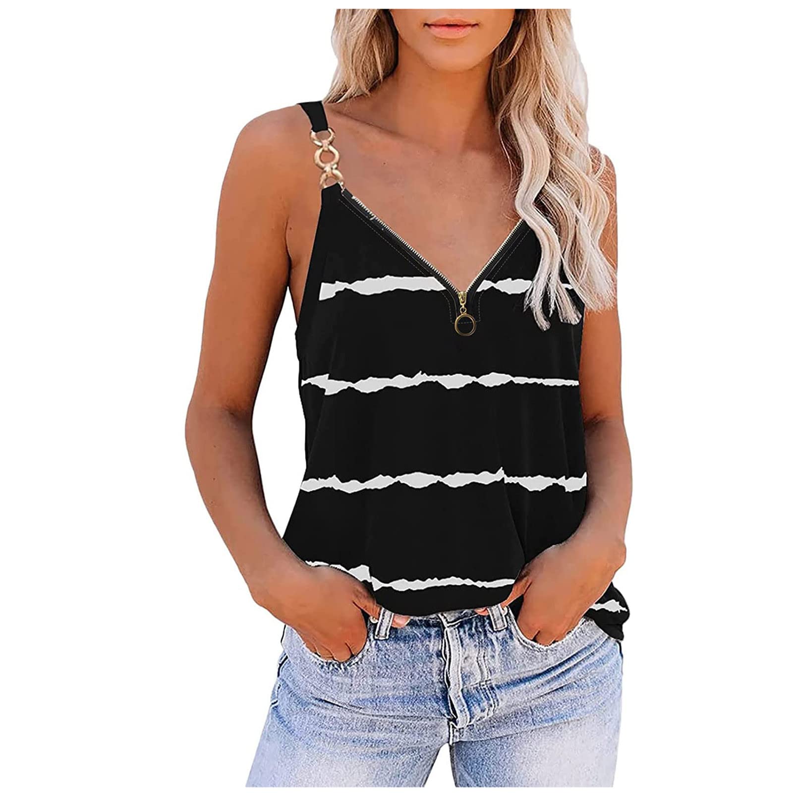 Trendy Women's Summer Print Zipper Tank Tops - 2022 Casual V Neck Sleeveless Loose Fit Cami Tops | Perfect for Beach, Gym & Everyday Wear