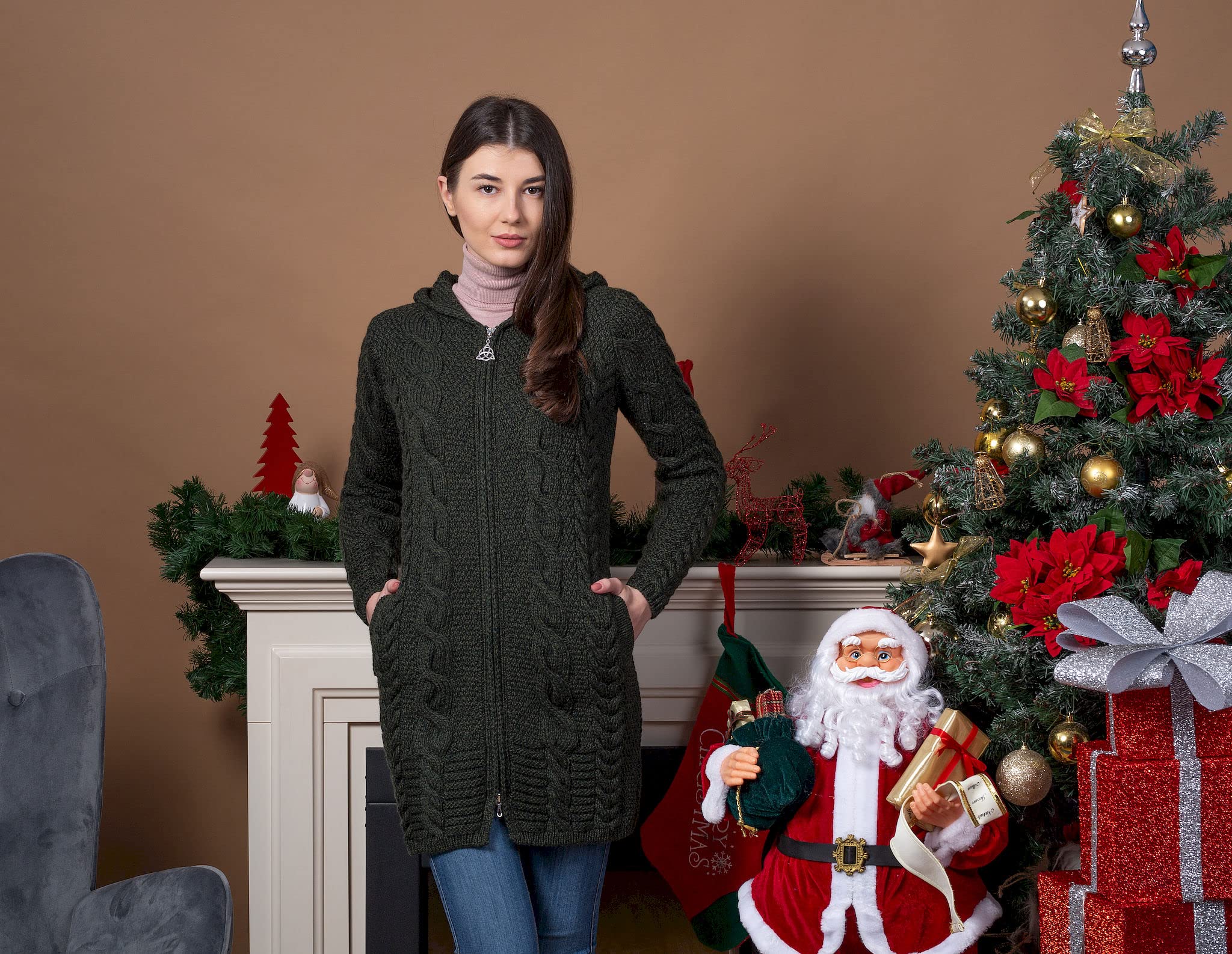 SAOL 100% Merino Wool Aran Cable Knit Hooded Zip Cardigan Irish Coat - Warm Winter Sweater for Women, Cozy Oversized Pullover for Outdoor Hiking & Casual Wear