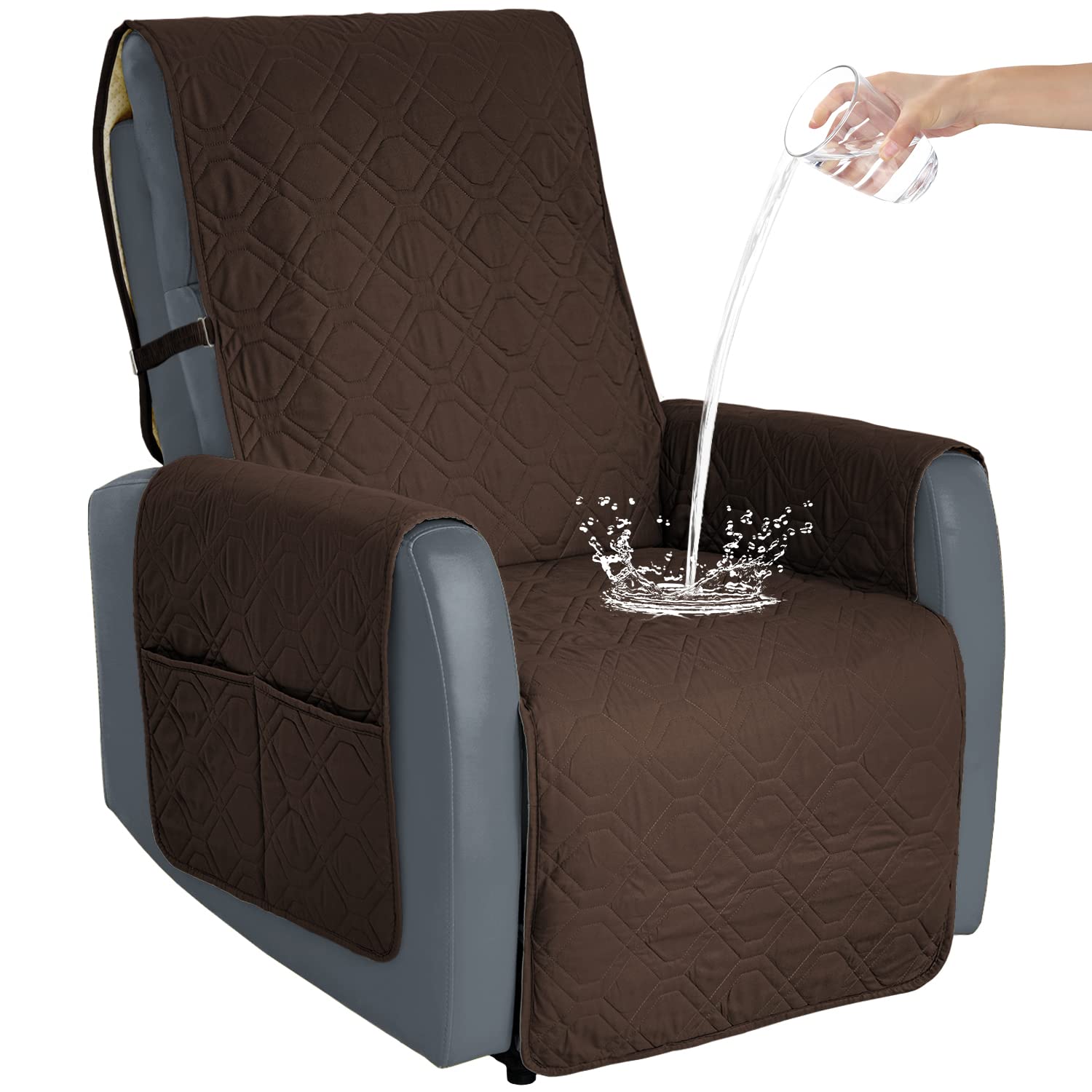 Non-Slip Recliner Chair Cover - Machine Washable Sofa Slipcover with Straps for Dogs | Furniture Protector (Brown, Fits 23-inch Recliner) | Perfect for Pet Owners & Living Room Protection