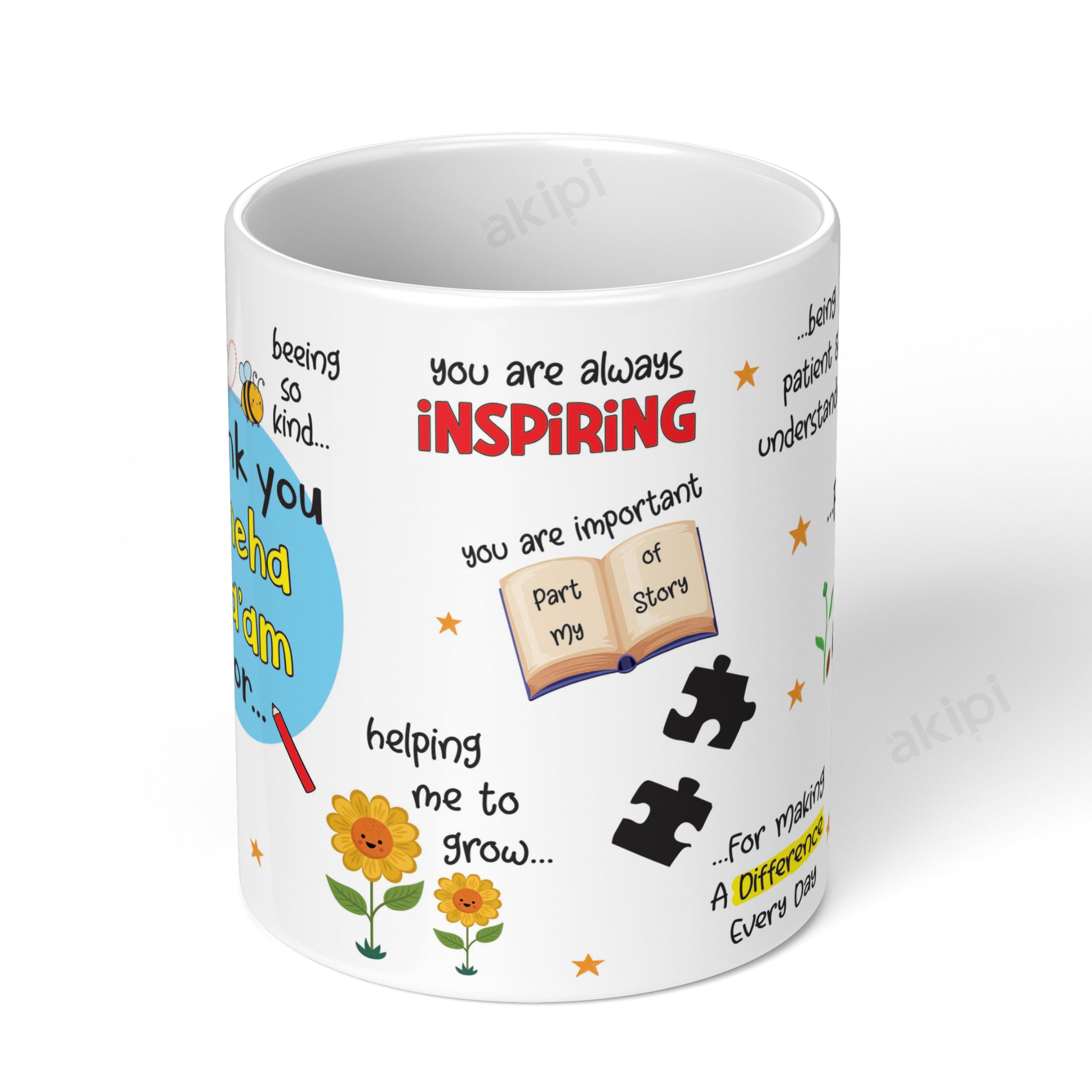 Personalized Thank You Teacher Mug with Name - Best Teacher Appreciation Gift - 11oz Ceramic Coffee & Tea Cup - Ideal for Teacher's Day, End of Year, Retirement - Akipi ARM677 (Ma'am/Sir)