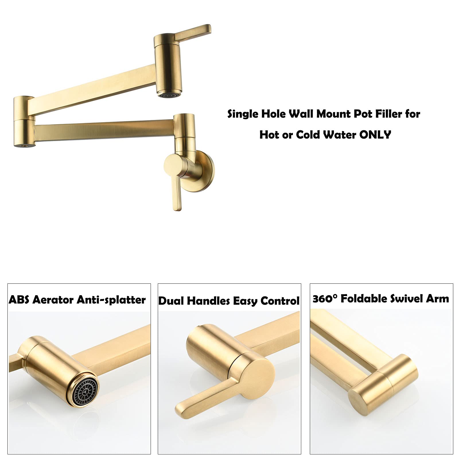Biveah Brushed Gold Wall Mount Pot Filler Faucet - Single Hole Brass Folding Kitchen Sink Faucet (KLB011BG) - Perfect for Cooking, Filling Large Pots & Modern Kitchen Upgrades