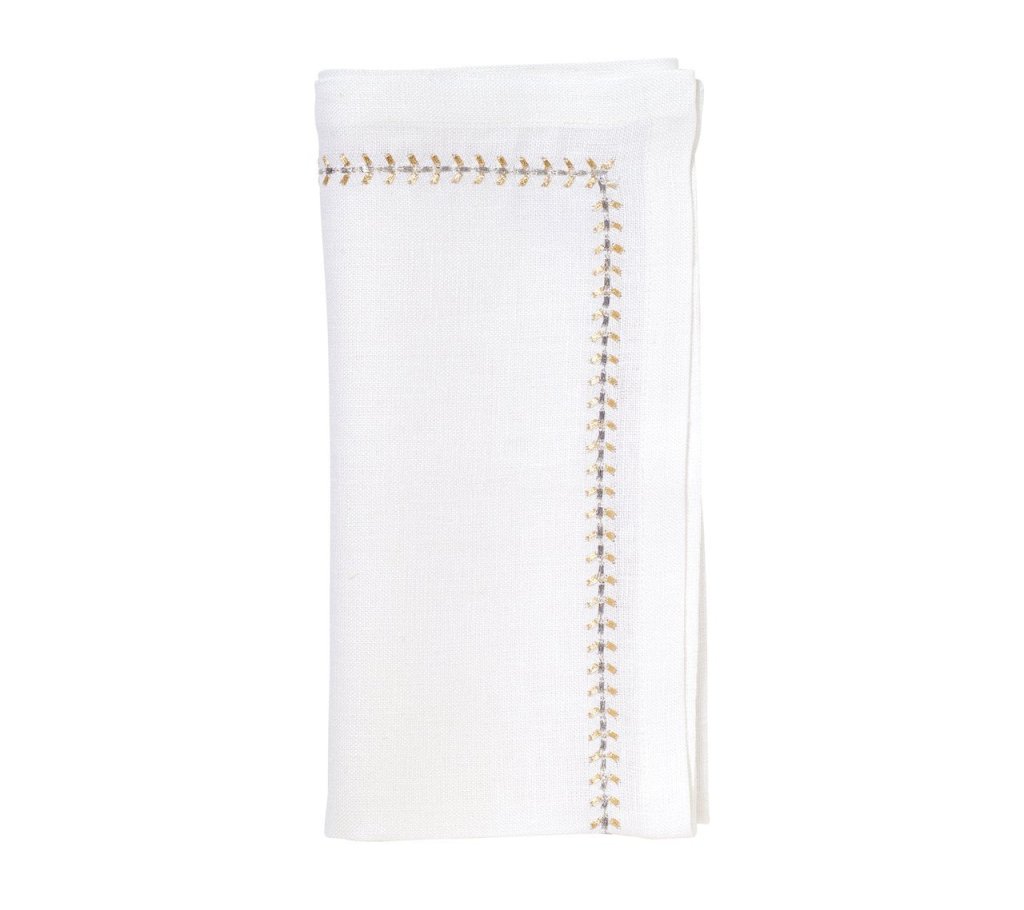 Premium Herringbone Napkins Set of 4 - White, Gold & Silver for Elegant Dining, Wedding Decor & Holiday Table Settings
