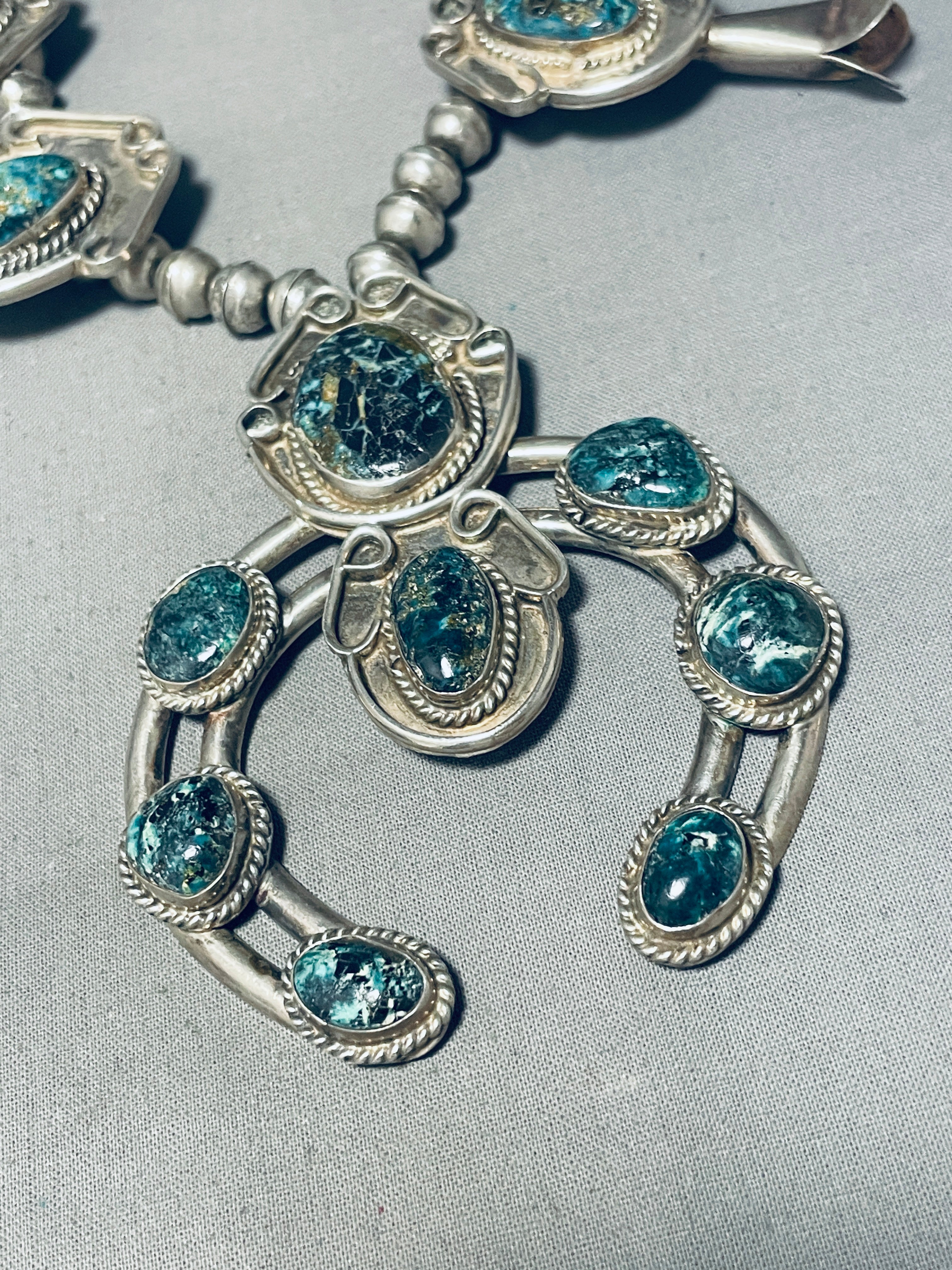 200g Vintage Native American Navajo Turquoise Sterling Silver Squash Blossom Necklace - Handmade Jewelry for Women, Boho Fashion Accessory, Perfect for Weddings & Special Occasions