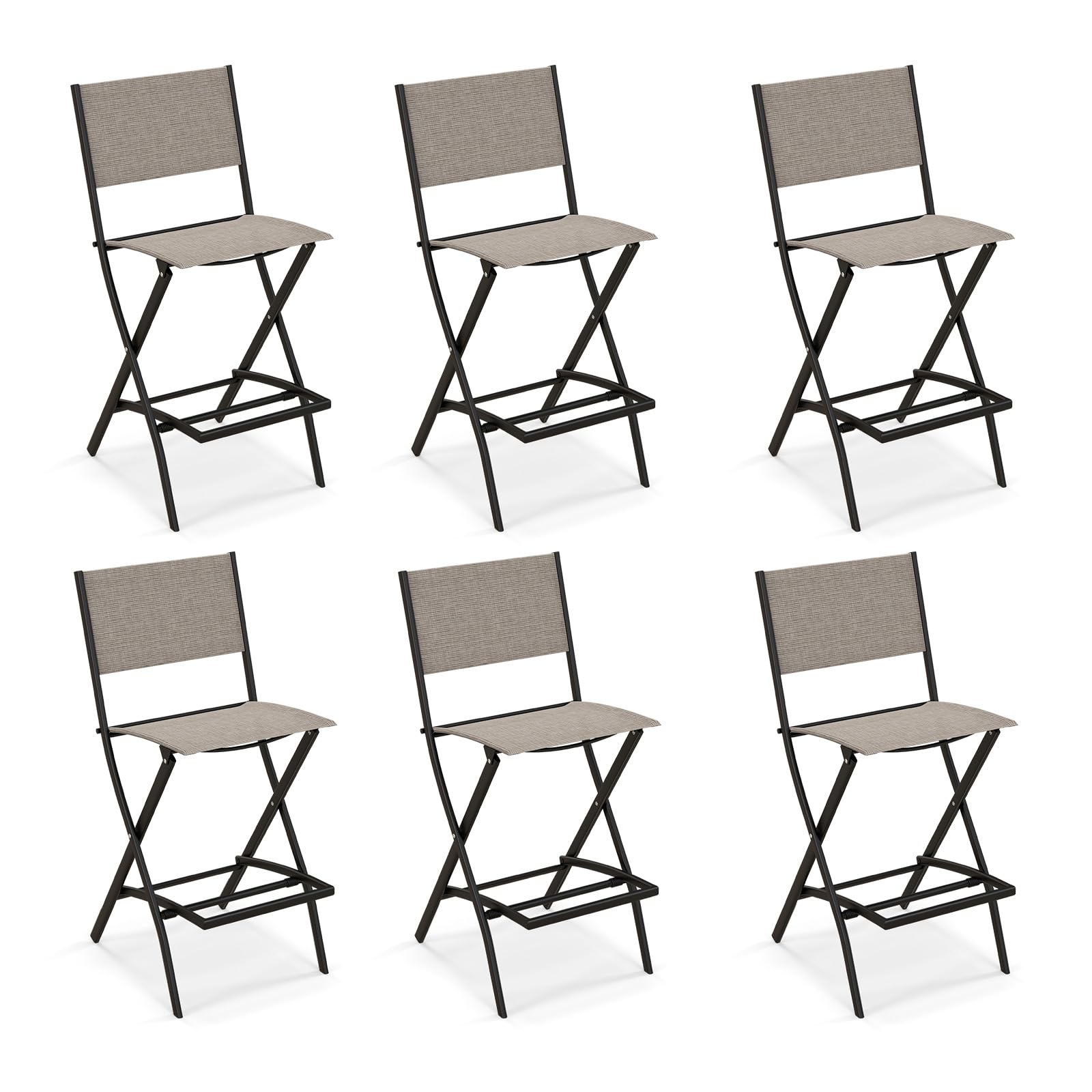 **Tangkula 6-Piece Outdoor Bar Stool Set - Counter Height Folding Bar Chairs with Backrest & Footrest, Heavy-Duty Metal Frame & Breathable Fabric - Perfect for Patio, Deck, Poolside & Outdoor Dining (Brown, Set of 6)**