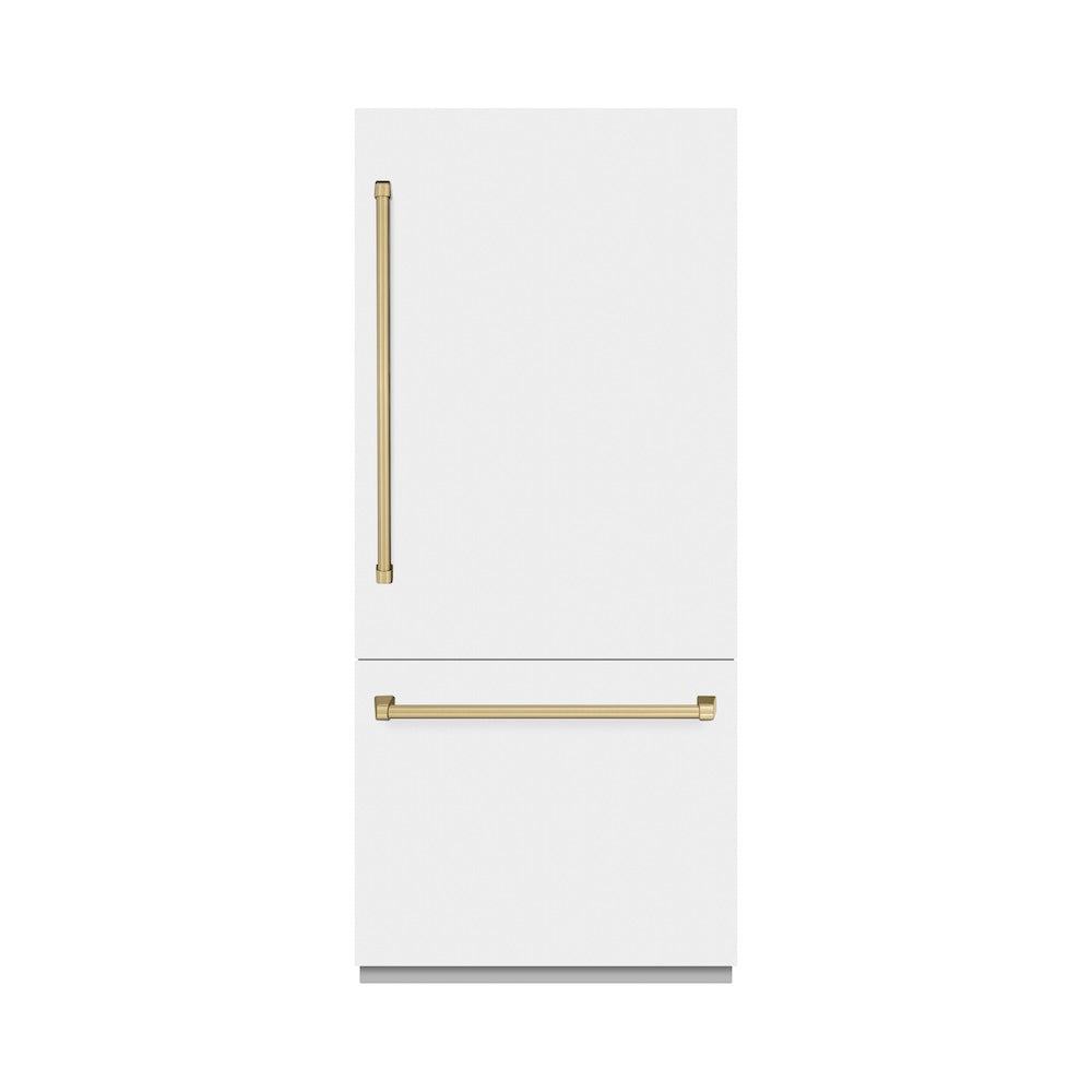 ZLINE Autograph Edition 36 Inch Built-In Bottom Freezer Refrigerator - 19.8 cu ft Capacity, Water Dispenser & Ice Maker - White Matte Exterior with Graphite Gray Interior & Champagne Bronze Accents - Perfect for Modern Kitchens & Luxury Homes (GRBITZ WM 36 CB)